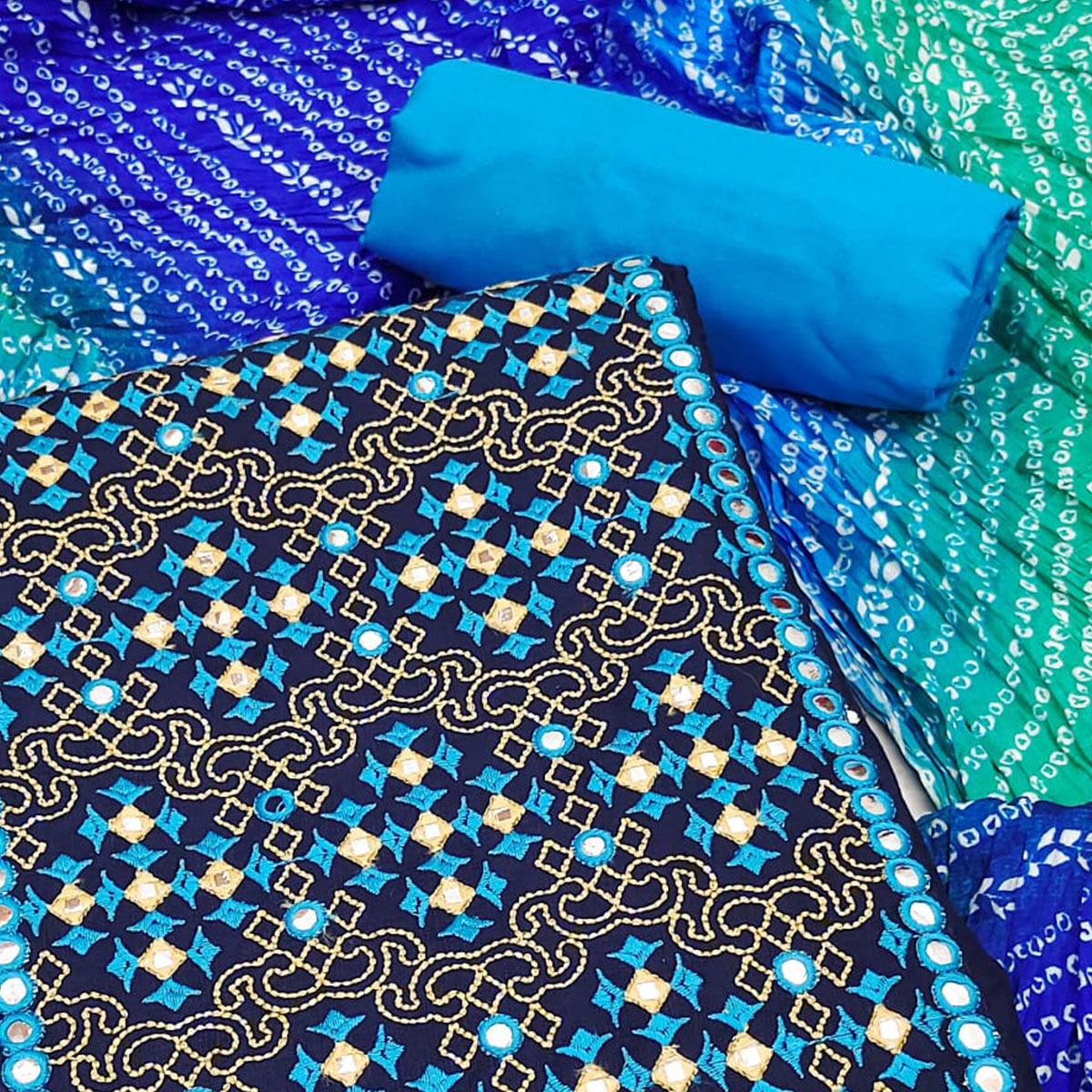 Navy Blue Embroidered Pure Cotton Dress Material - Peachmode