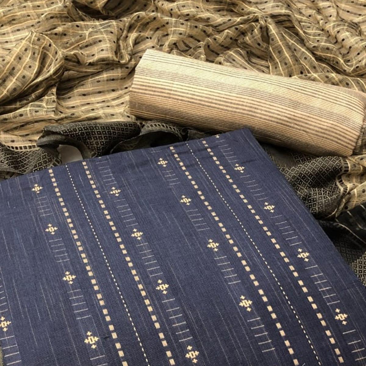 Navy Blue Embroidered Pure Cotton Dress Material - Peachmode