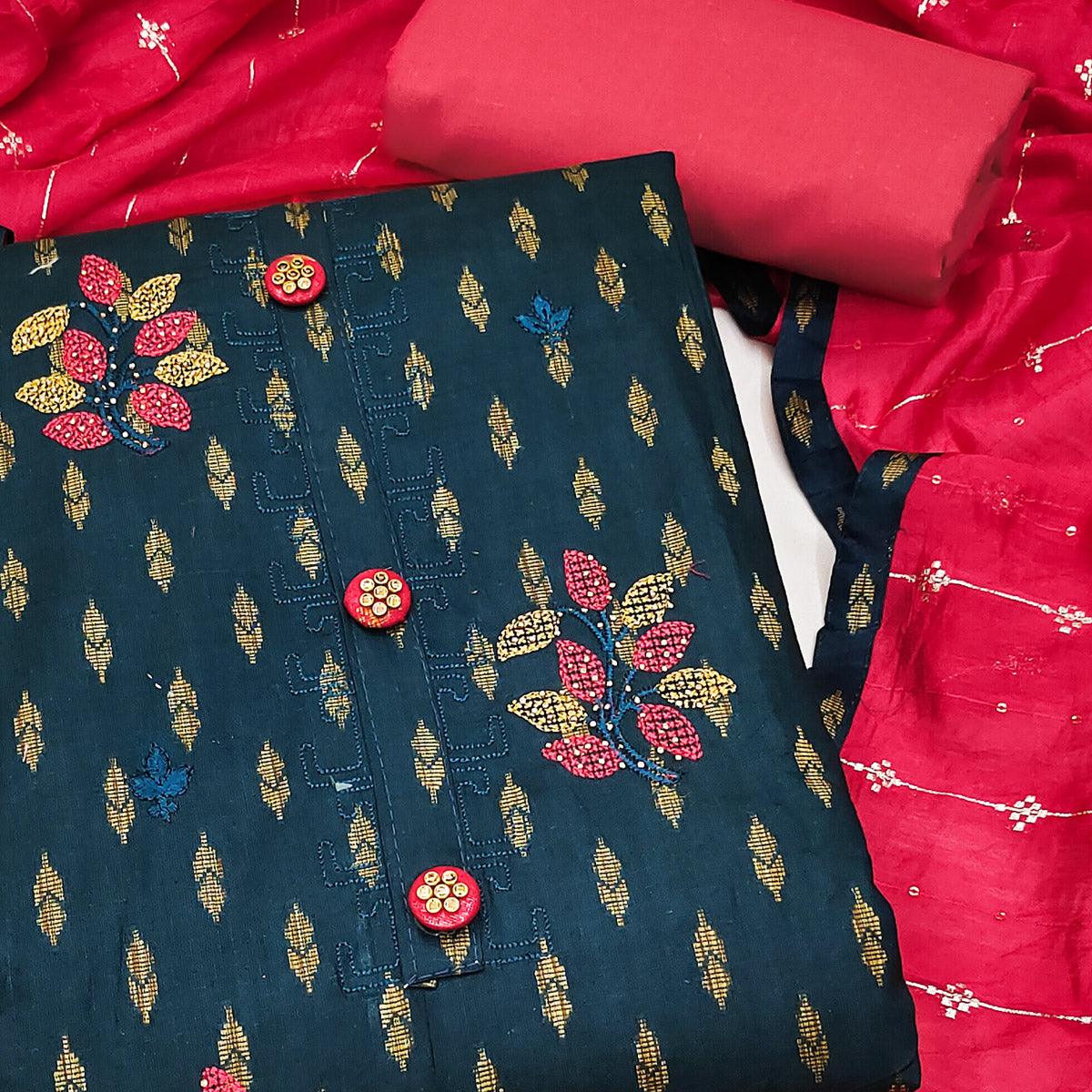 Navy Blue Embroidered Pure Cotton Dress Material - Peachmode