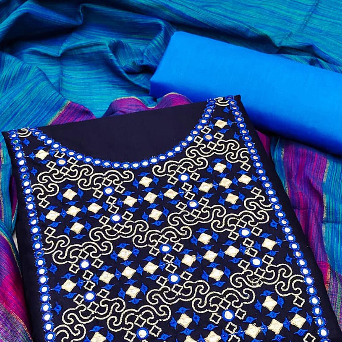 Navy Blue Embroidered Pure Cotton Dress Material - Peachmode