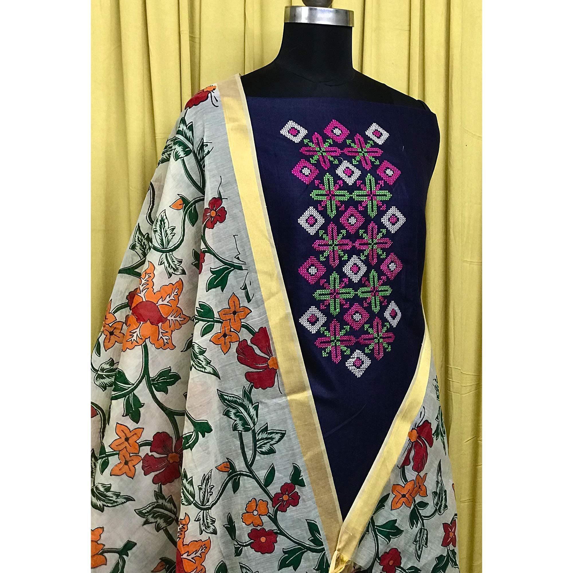 Navy Blue Embroidered Pure Cotton Dress Material - Peachmode