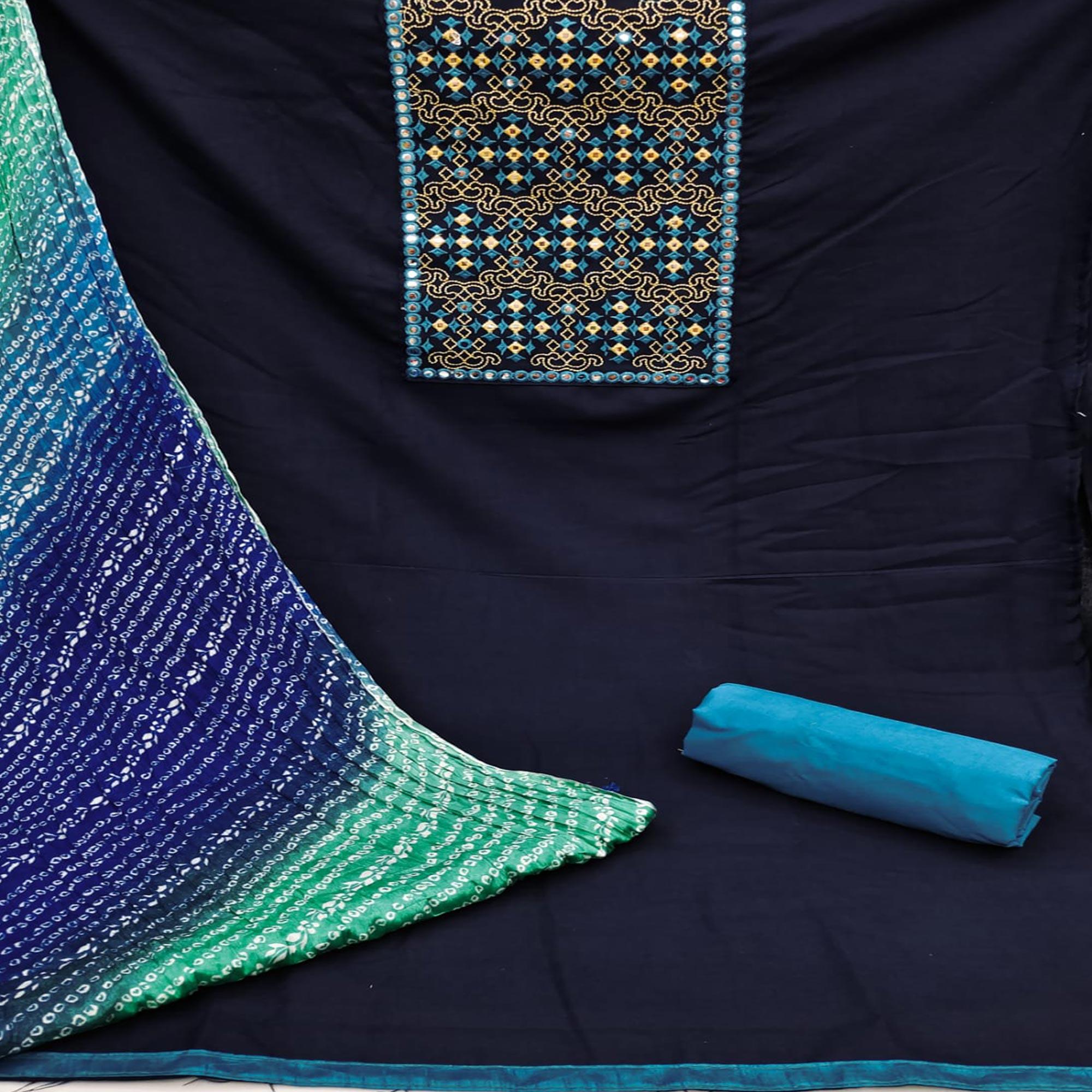 Navy Blue Embroidered Pure Cotton Dress Material - Peachmode