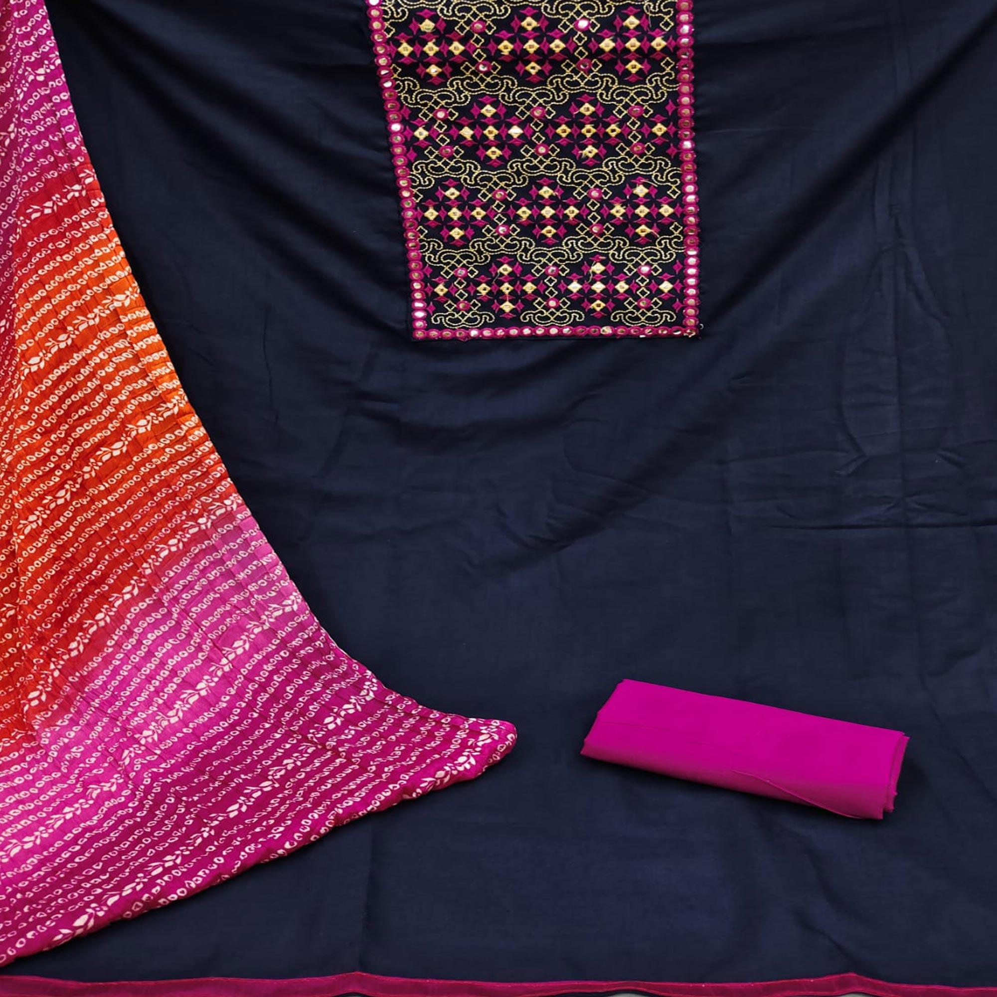 Navy Blue Embroidered Pure Cotton Dress Material - Peachmode