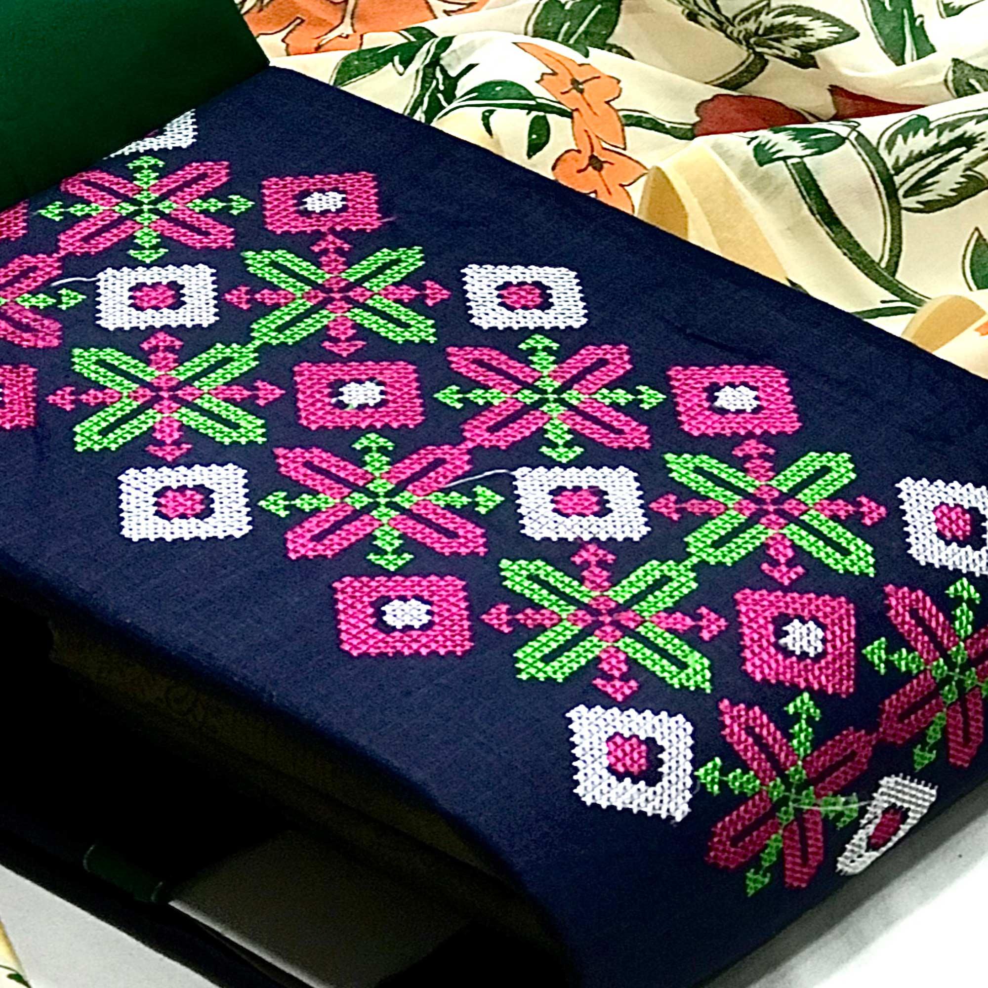 Navy Blue Embroidered Pure Cotton Dress Material - Peachmode