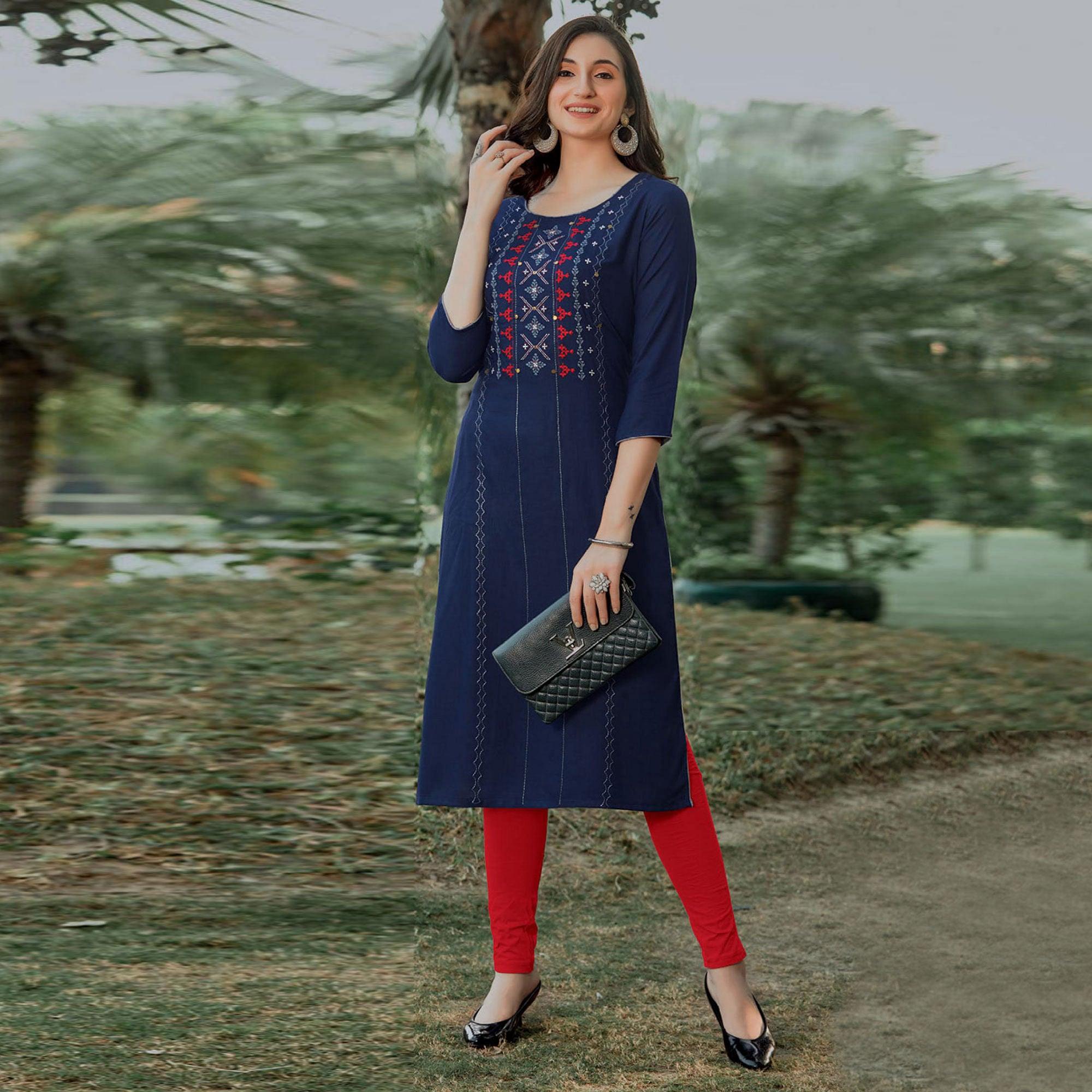 Navy Blue Embroidered Pure Cotton Kurti - Peachmode