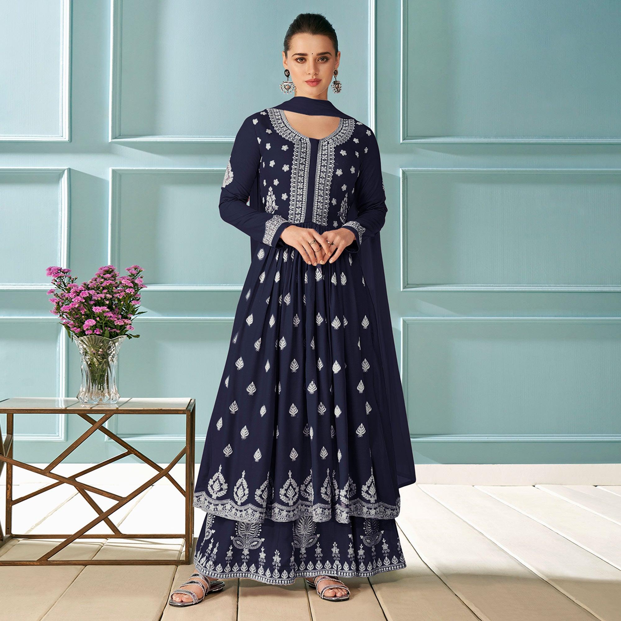 Navy Blue Embroidered Rayon Kurti Palazzo Suit - Peachmode