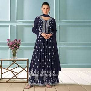 Navy Blue Embroidered Rayon Kurti Palazzo Suit - Peachmode