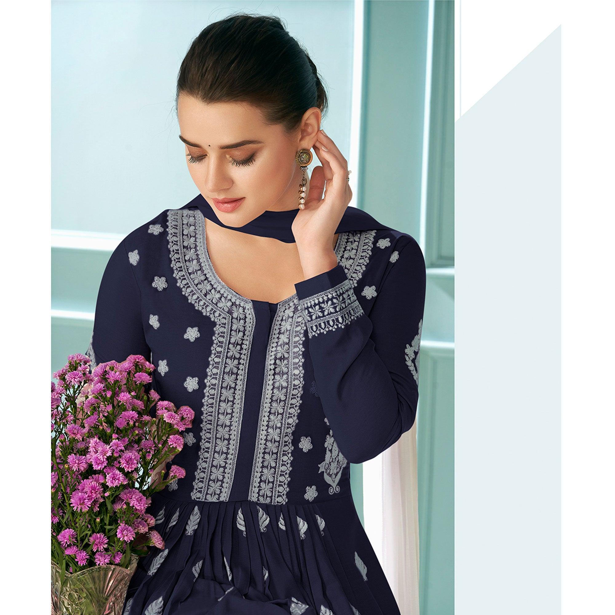 Navy Blue Embroidered Rayon Kurti Palazzo Suit - Peachmode