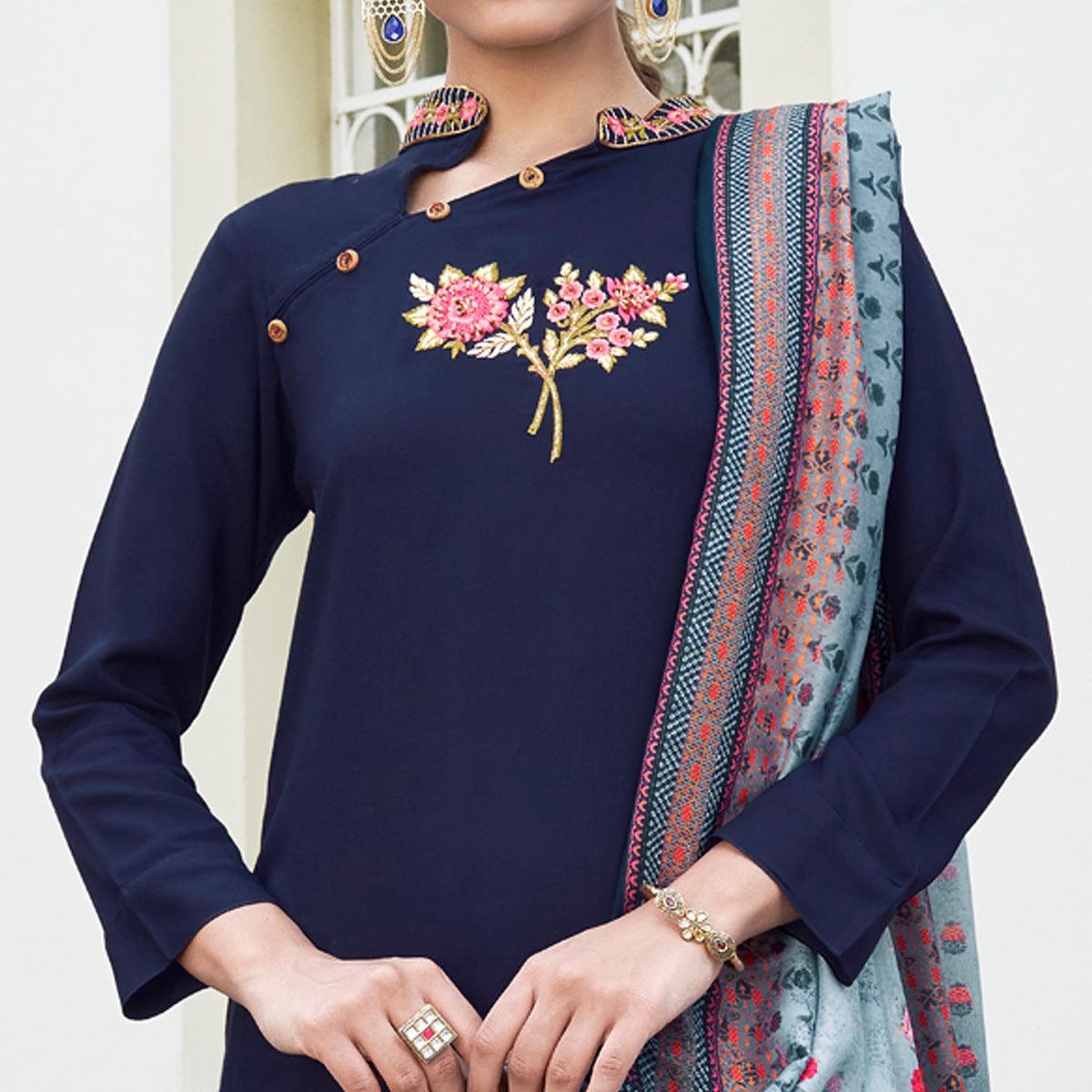 Navy Blue Embroidered Rayon Kurti Pant Set With Dupatta - Peachmode