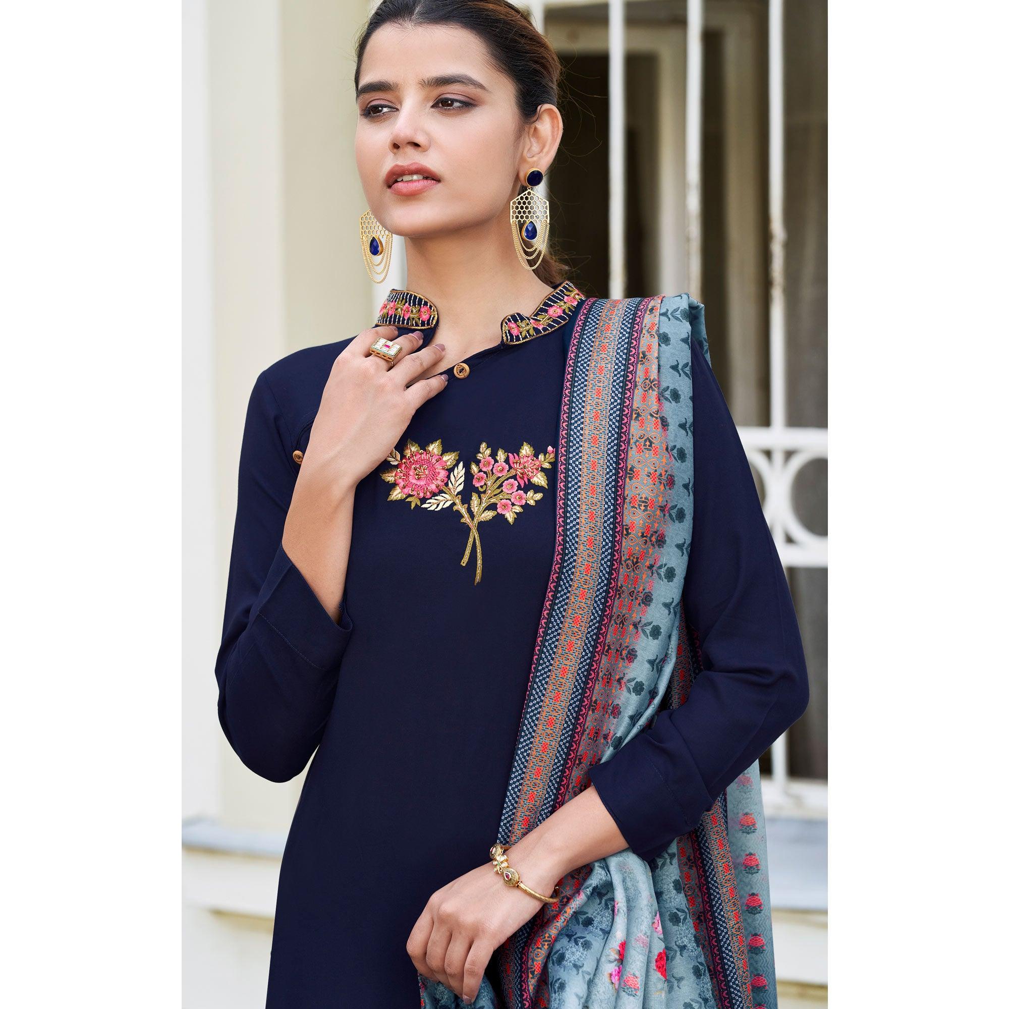 Navy Blue Embroidered Rayon Kurti Pant Set With Dupatta - Peachmode