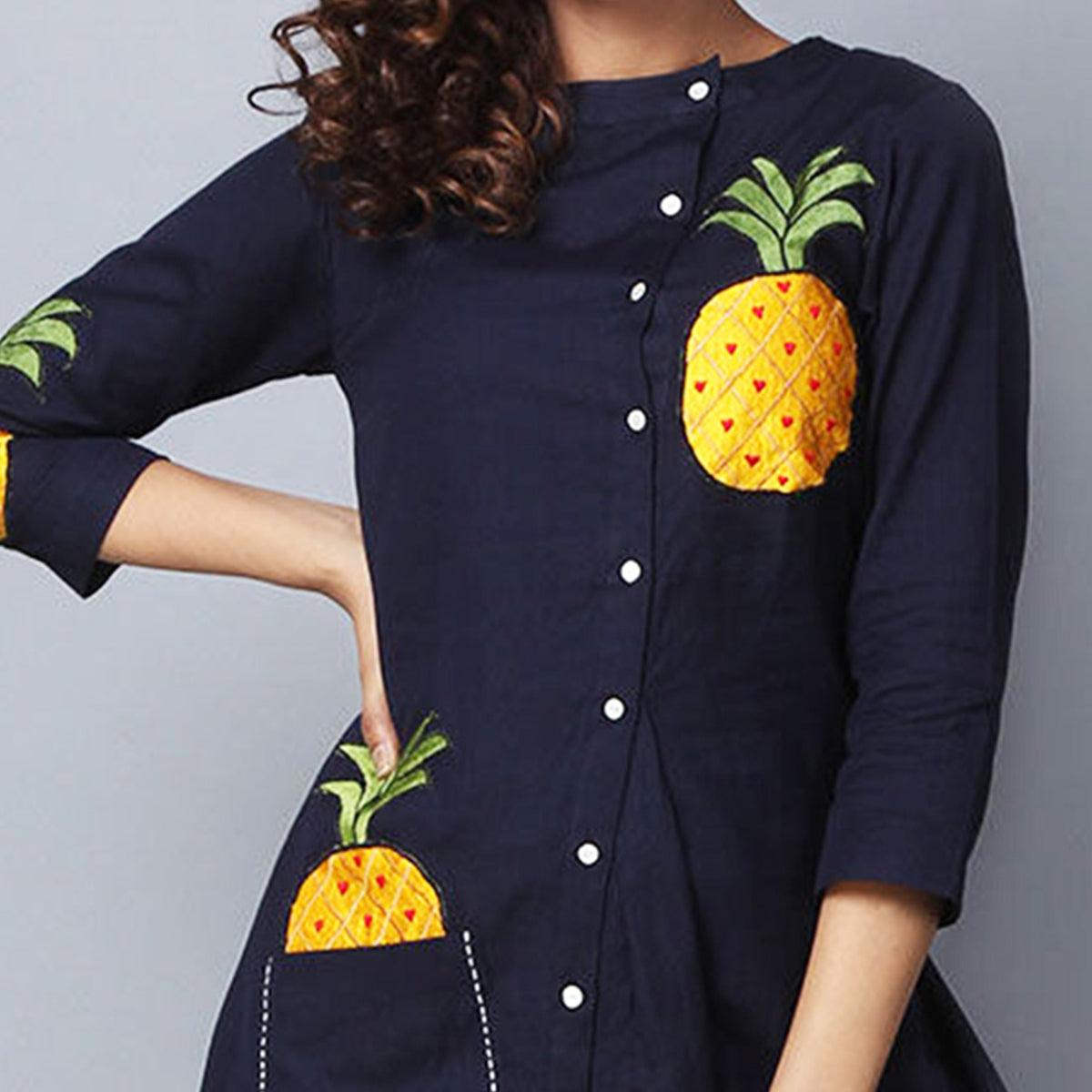 Navy Blue Embroidered Rayon Kurti - Peachmode
