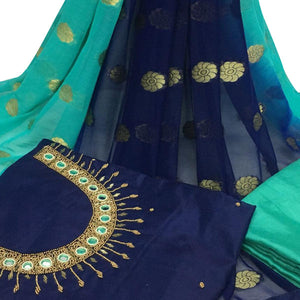 Navy Blue Embroidered Santoon Dress Material - Peachmode