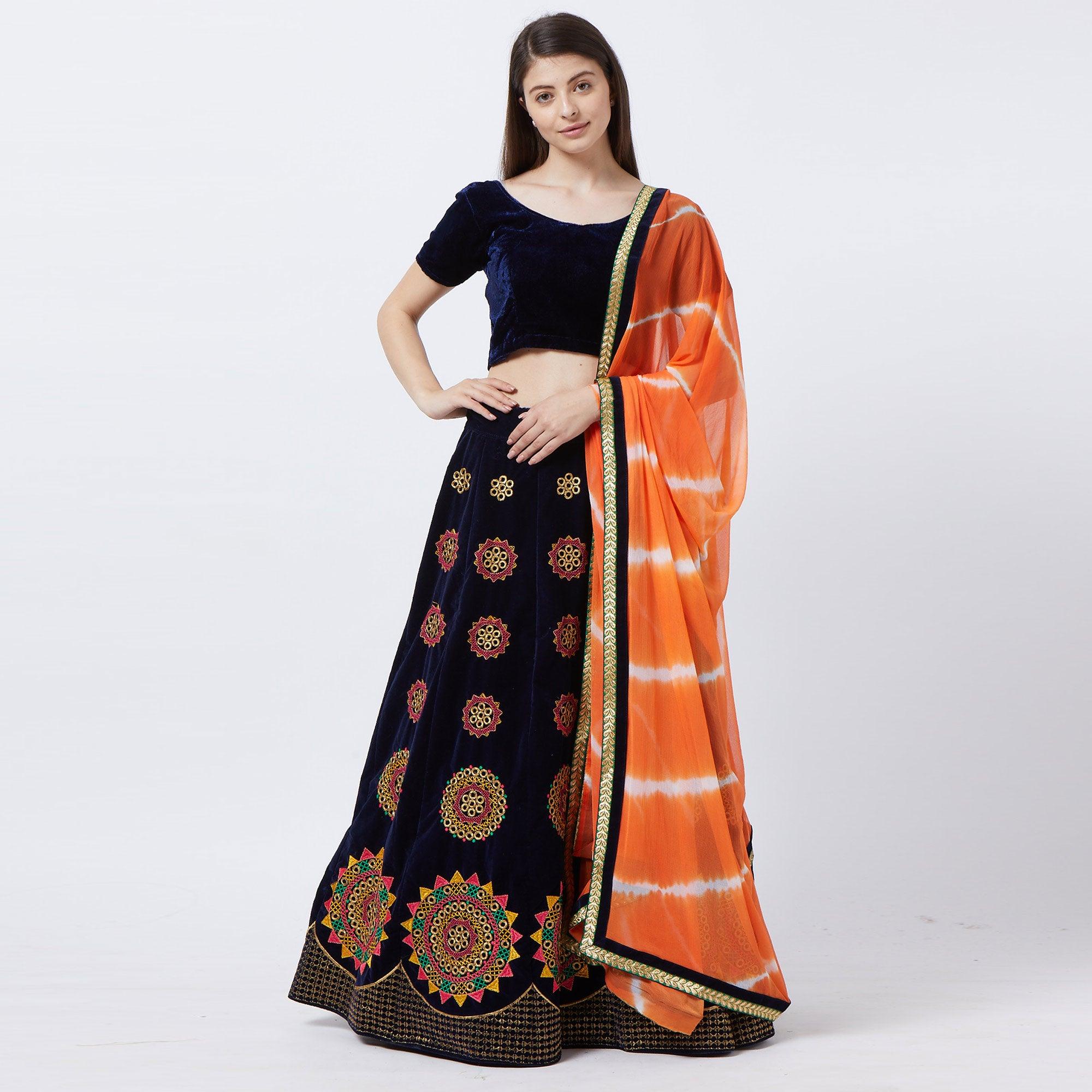 Navy Blue Embroidered Velvet Lehenga Choli - Peachmode