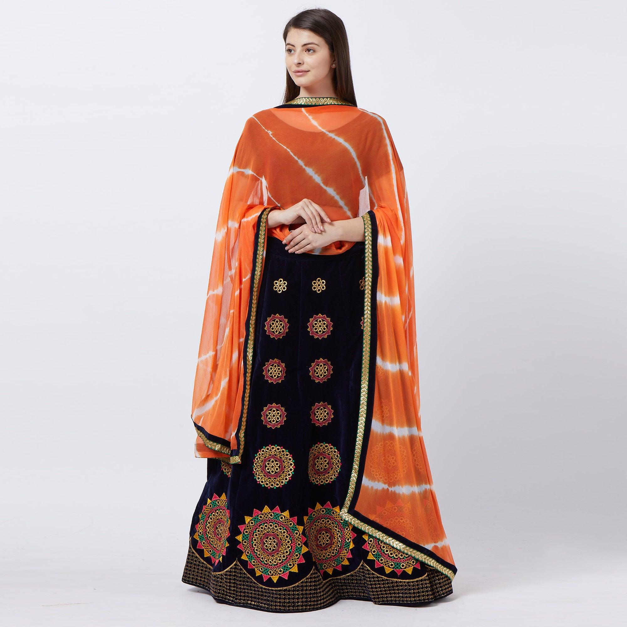 Navy Blue Embroidered Velvet Lehenga Choli - Peachmode