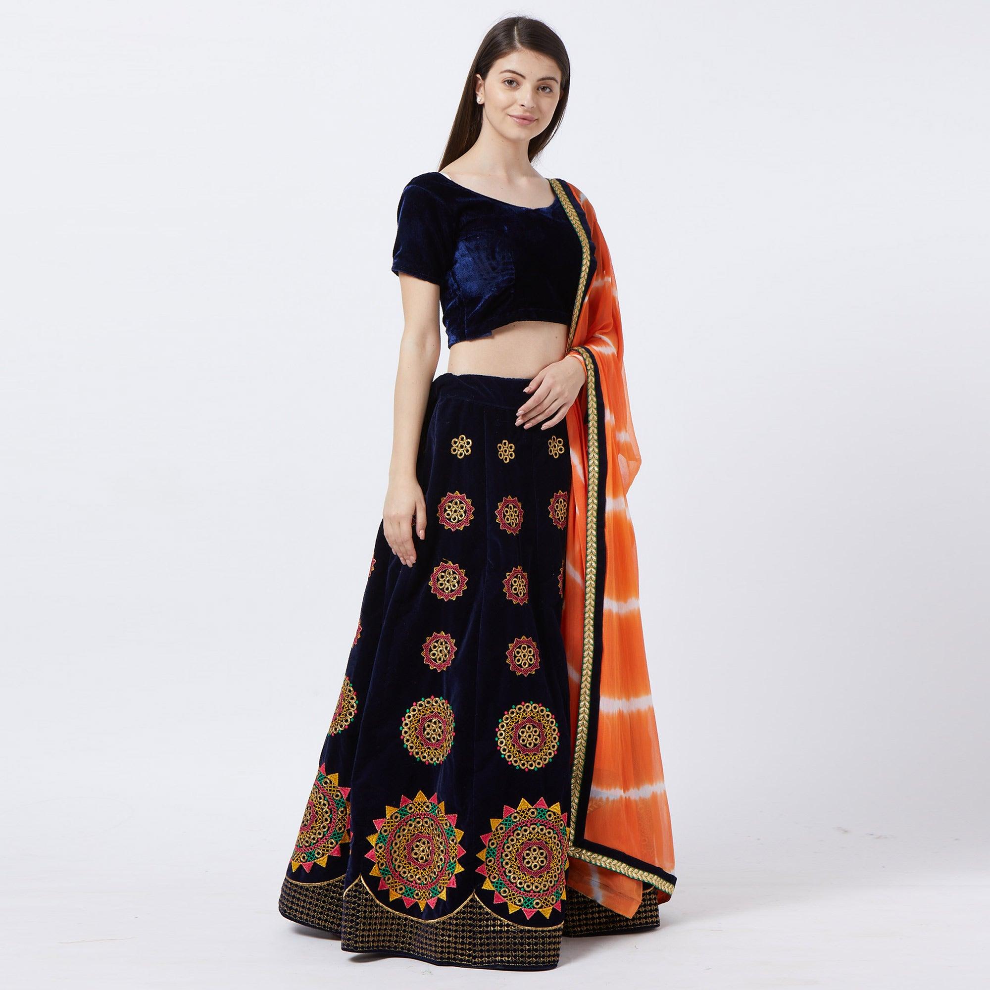 Navy Blue Embroidered Velvet Lehenga Choli - Peachmode