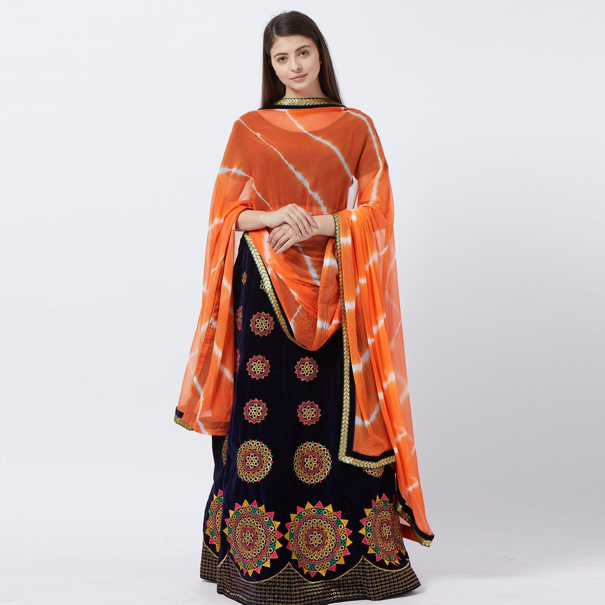 Navy Blue Embroidered Velvet Lehenga Choli - Peachmode