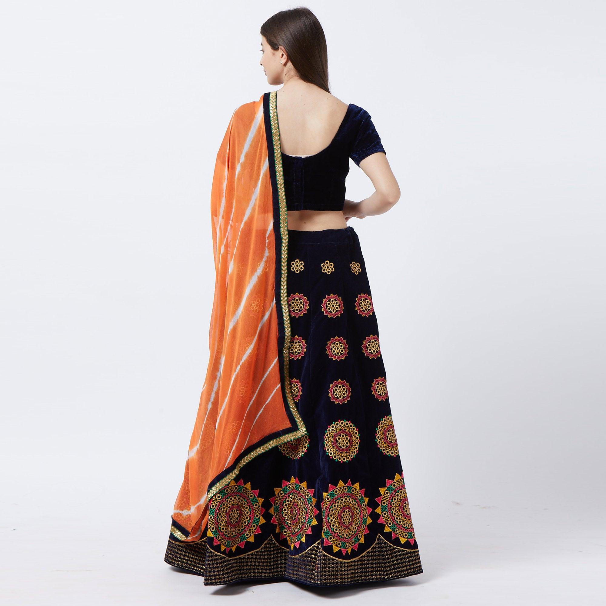 Navy Blue Embroidered Velvet Lehenga Choli - Peachmode