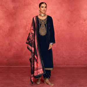 Navy Blue Embroidered Velvet Pakistani Suit - Peachmode