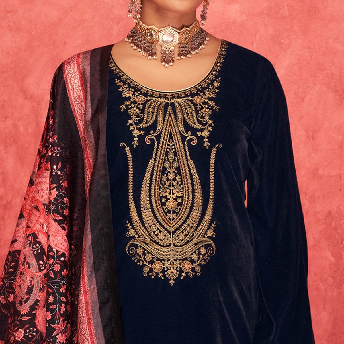 Navy Blue Embroidered Velvet Pakistani Suit - Peachmode