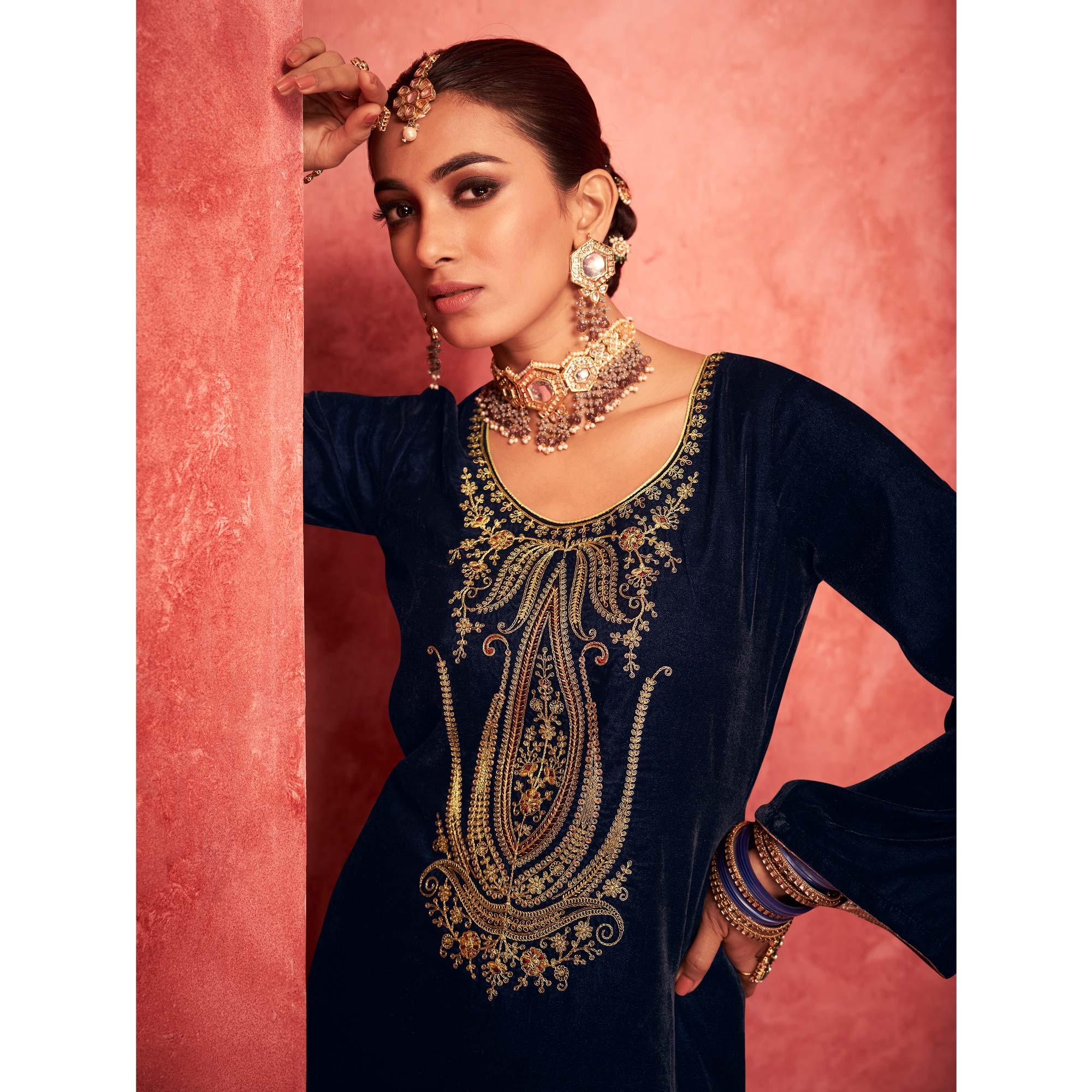 Navy Blue Embroidered Velvet Pakistani Suit - Peachmode