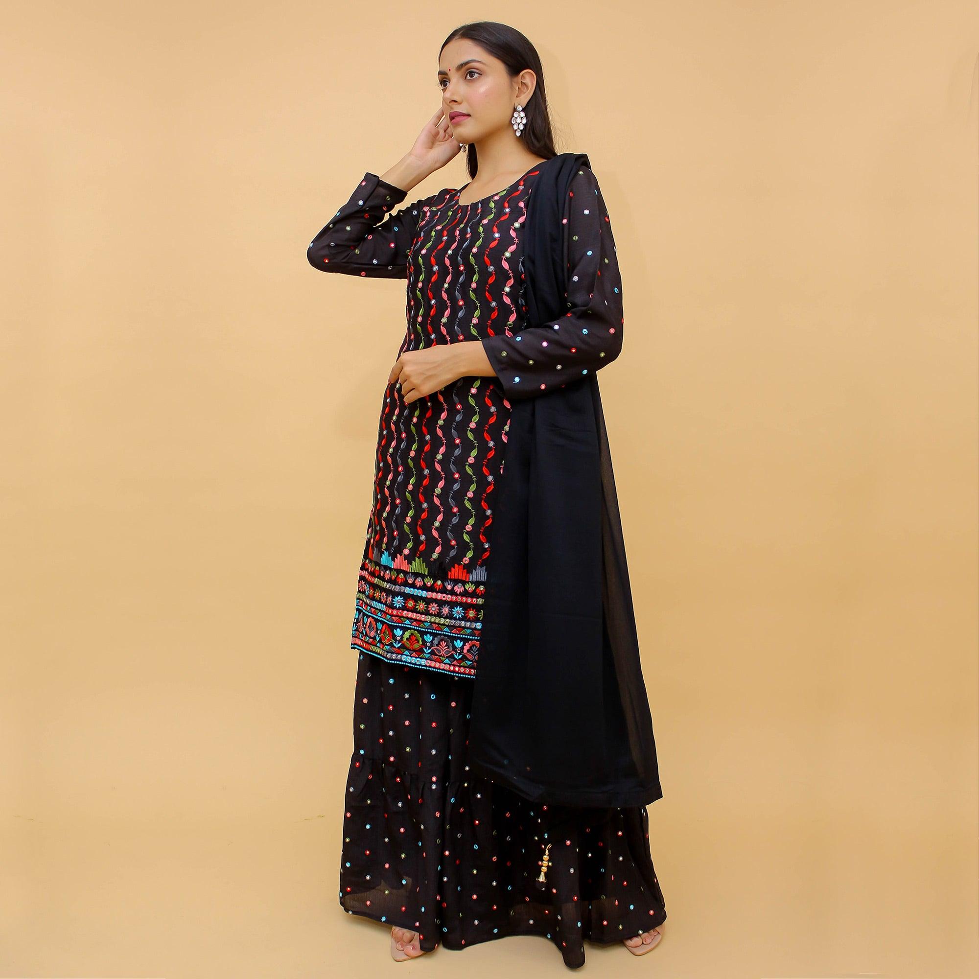 Navy Blue Embroidered With Embellished Art Silk Sharara Suit - Peachmode