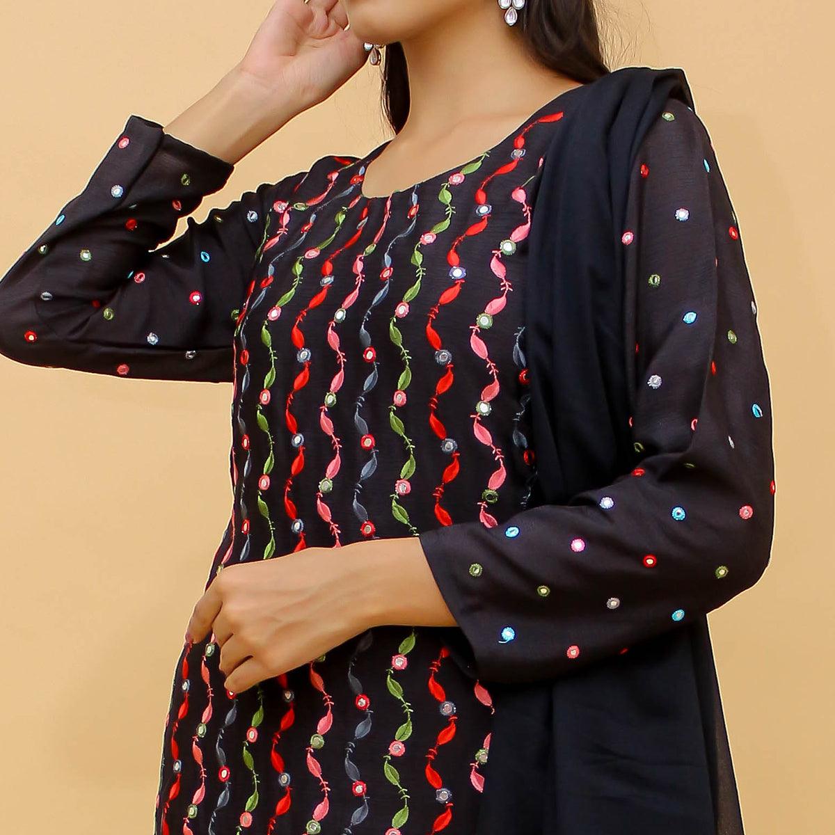 Navy Blue Embroidered With Embellished Art Silk Sharara Suit - Peachmode