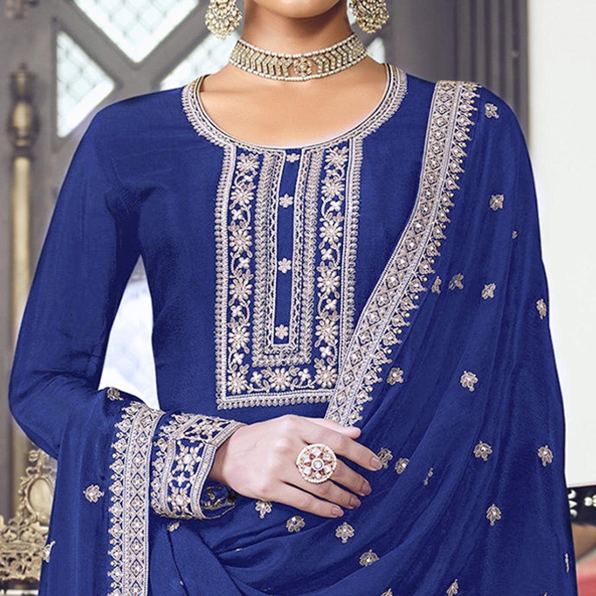 Navy Blue Embroidered With Embellished Dola Silk Palazzo Suit - Peachmode