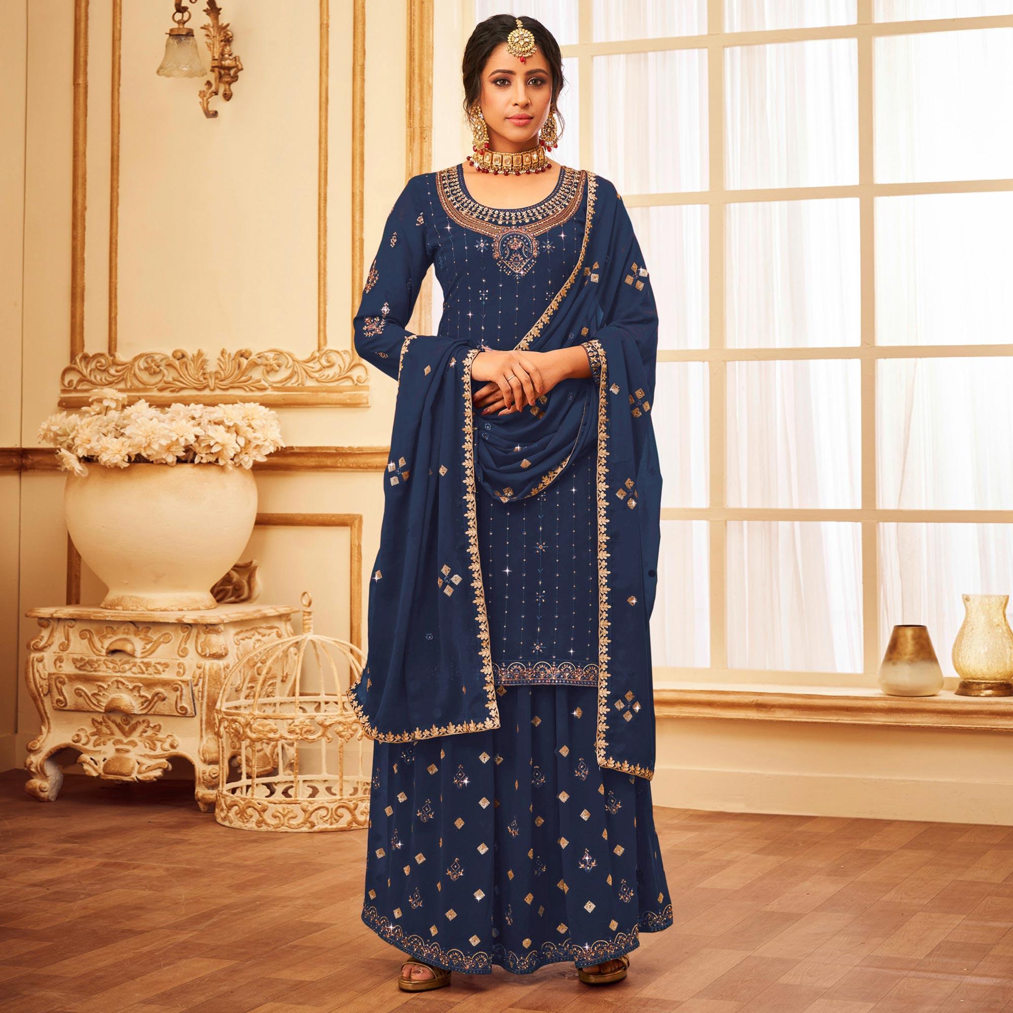 Navy Blue Embroidered With Embellished Georgette Palazzo Suit - Peachmode