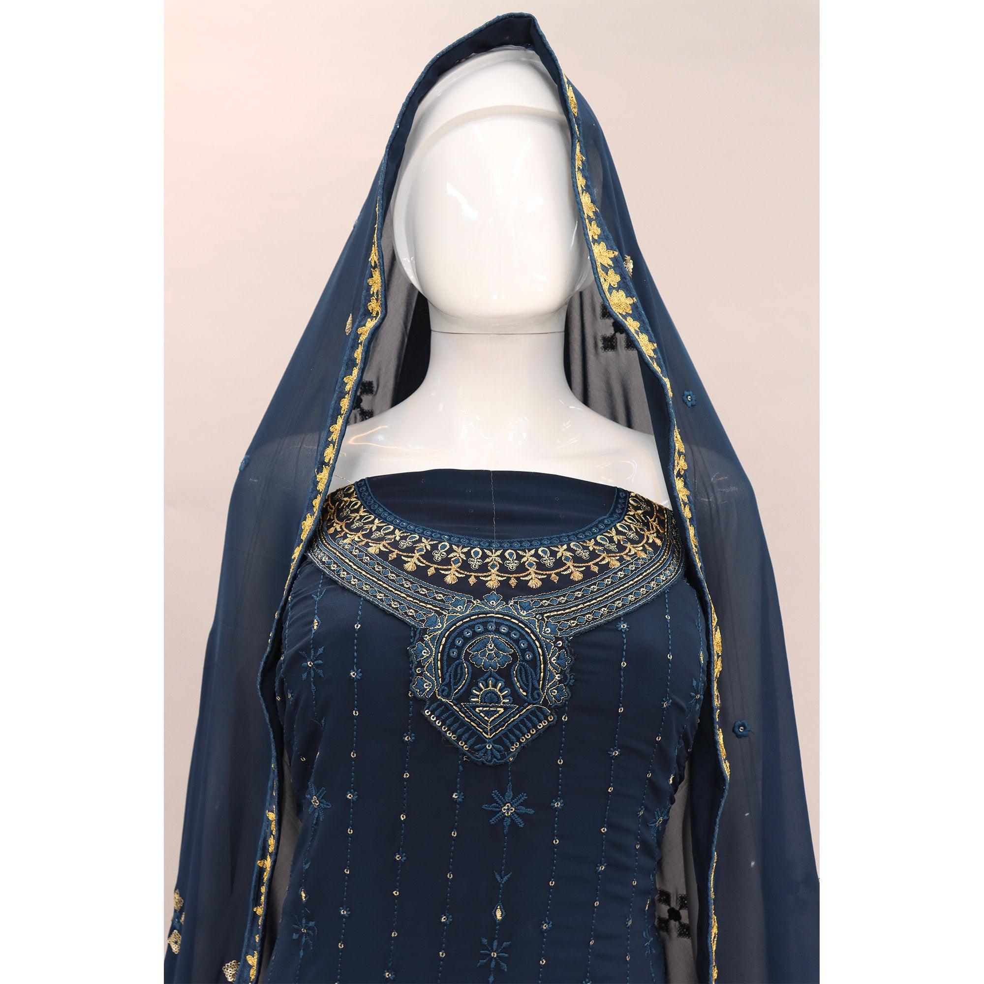 Navy Blue Embroidered With Embellished Georgette Palazzo Suit - Peachmode