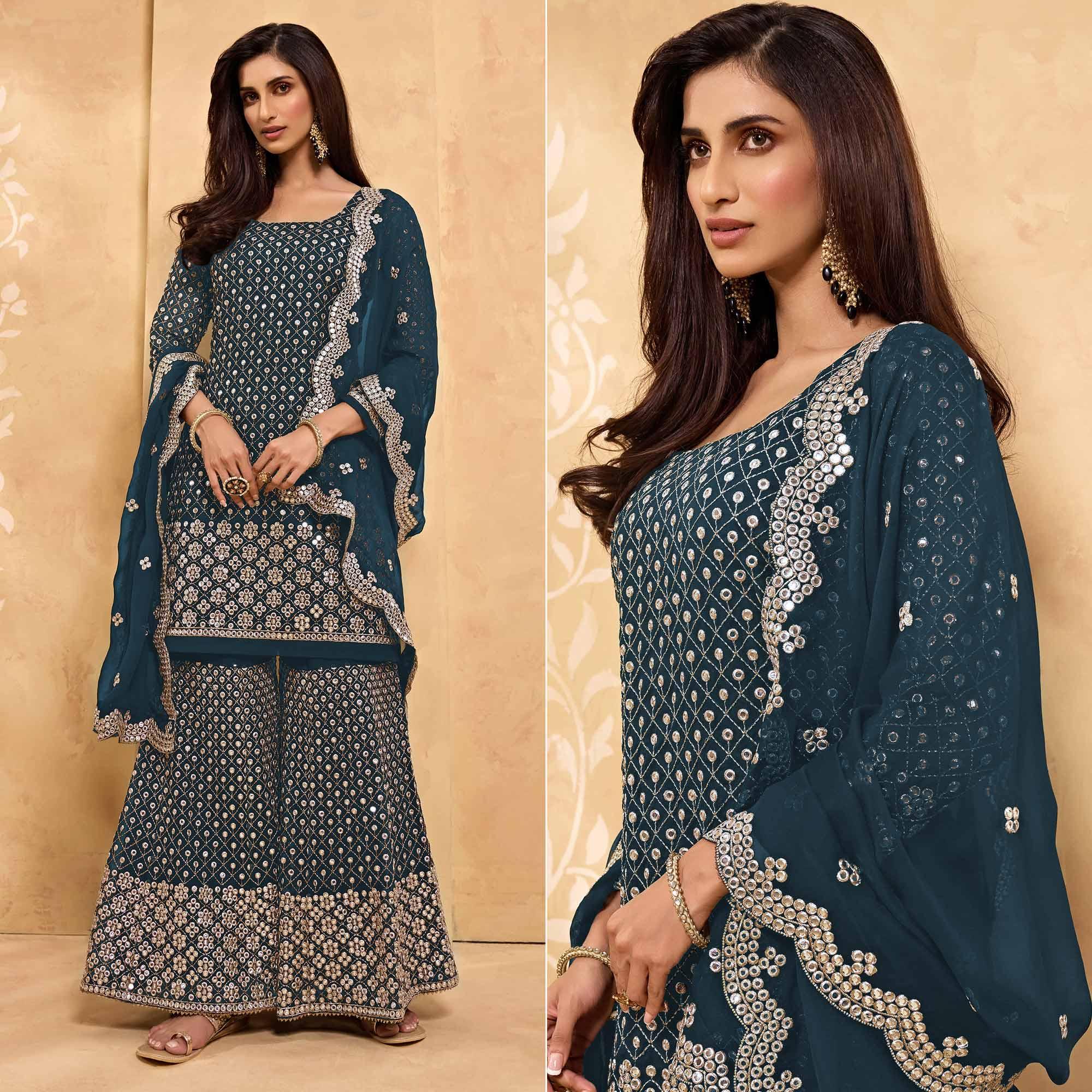 Navy Blue Embroidered With Embellished Georgette Sharara Suit - Peachmode