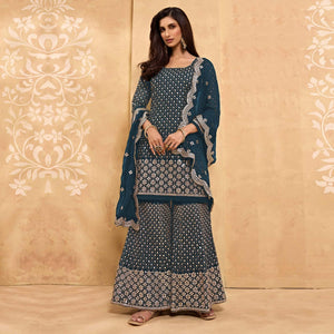 Navy Blue Embroidered With Embellished Georgette Sharara Suit - Peachmode