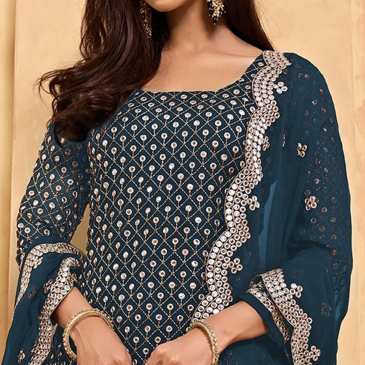 Navy Blue Embroidered With Embellished Georgette Sharara Suit - Peachmode