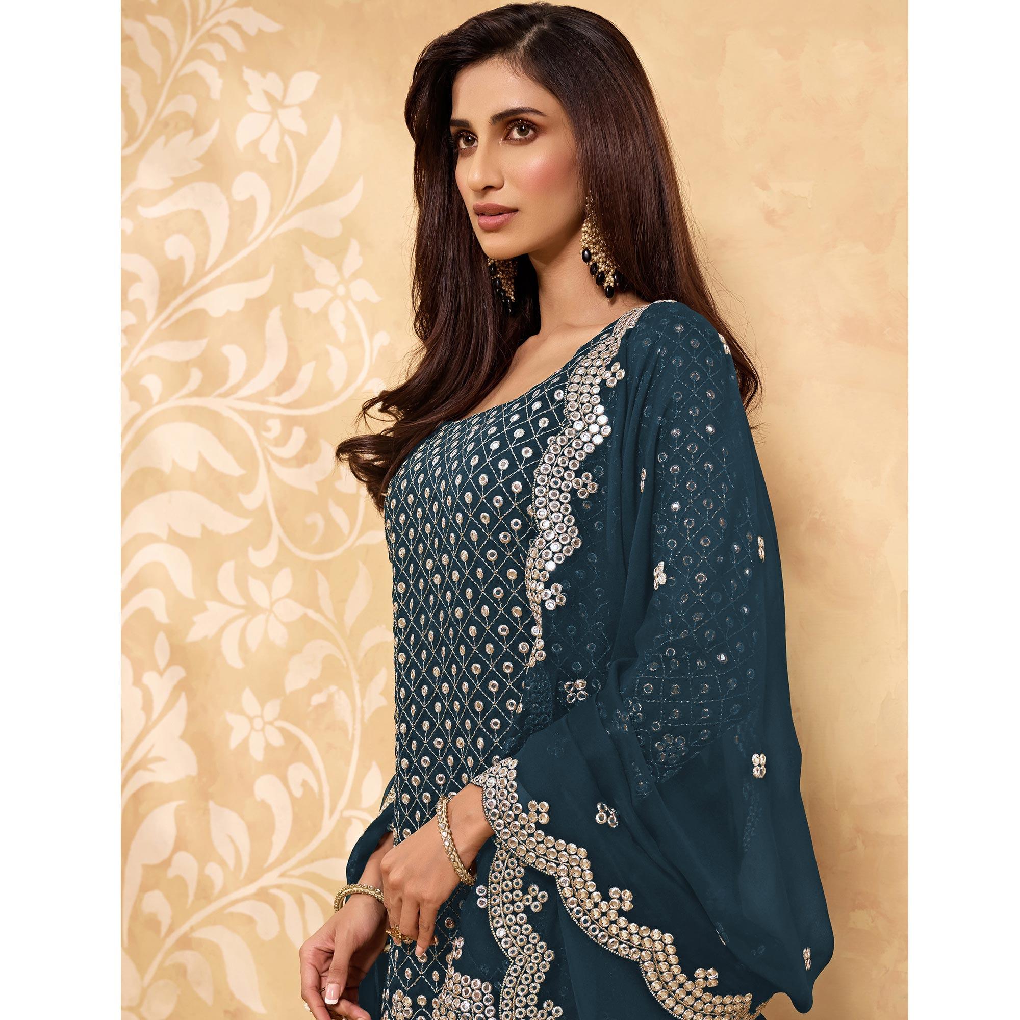Navy Blue Embroidered With Embellished Georgette Sharara Suit - Peachmode