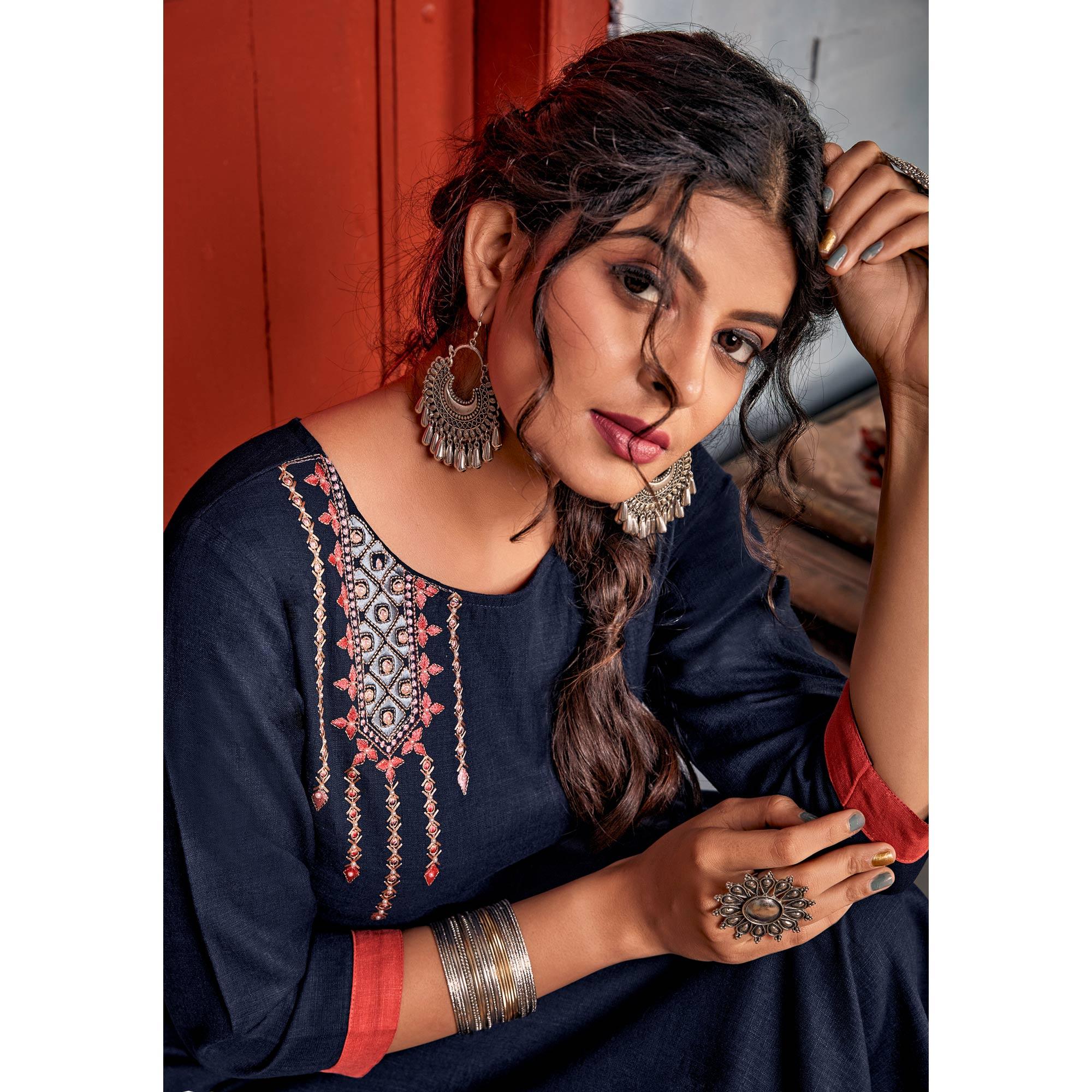 Navy Blue Embroidered With Embellished Rayon Kurti Pant Set - Peachmode