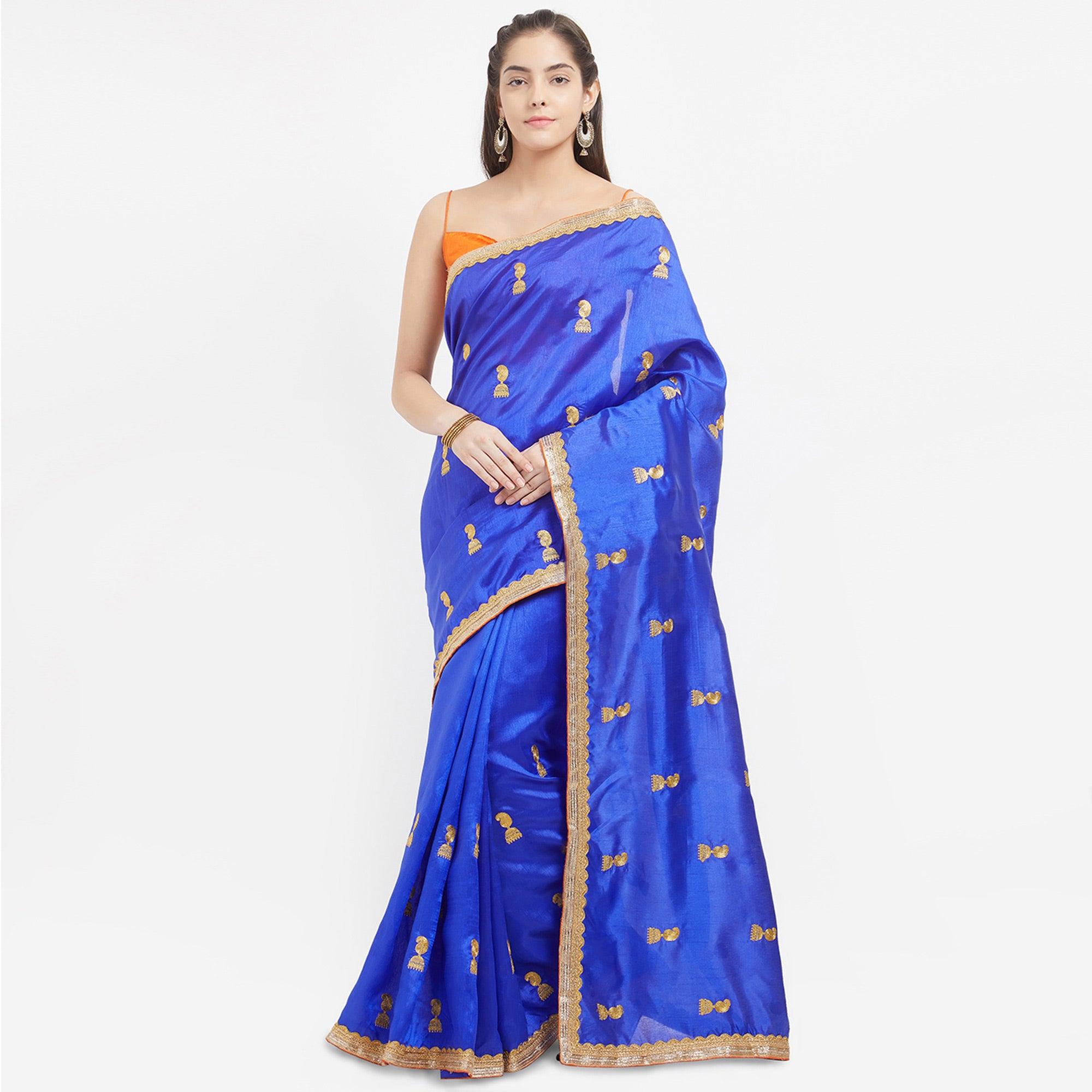 Navy Blue Embroidered Zoya Silk Saree - Peachmode