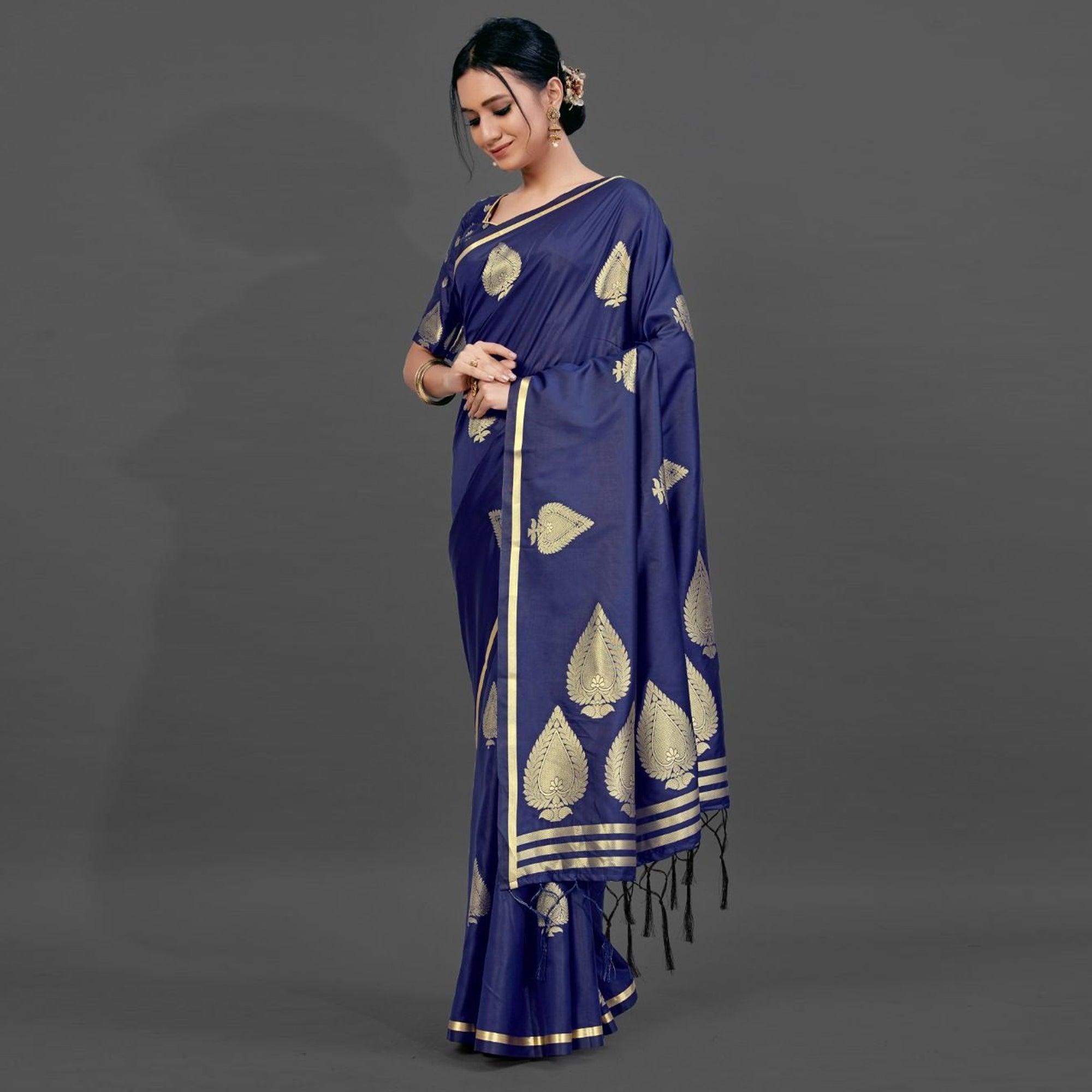 Navy Blue Festive Silk Blend Woven Saree With Unstitched Blouse - Peachmode