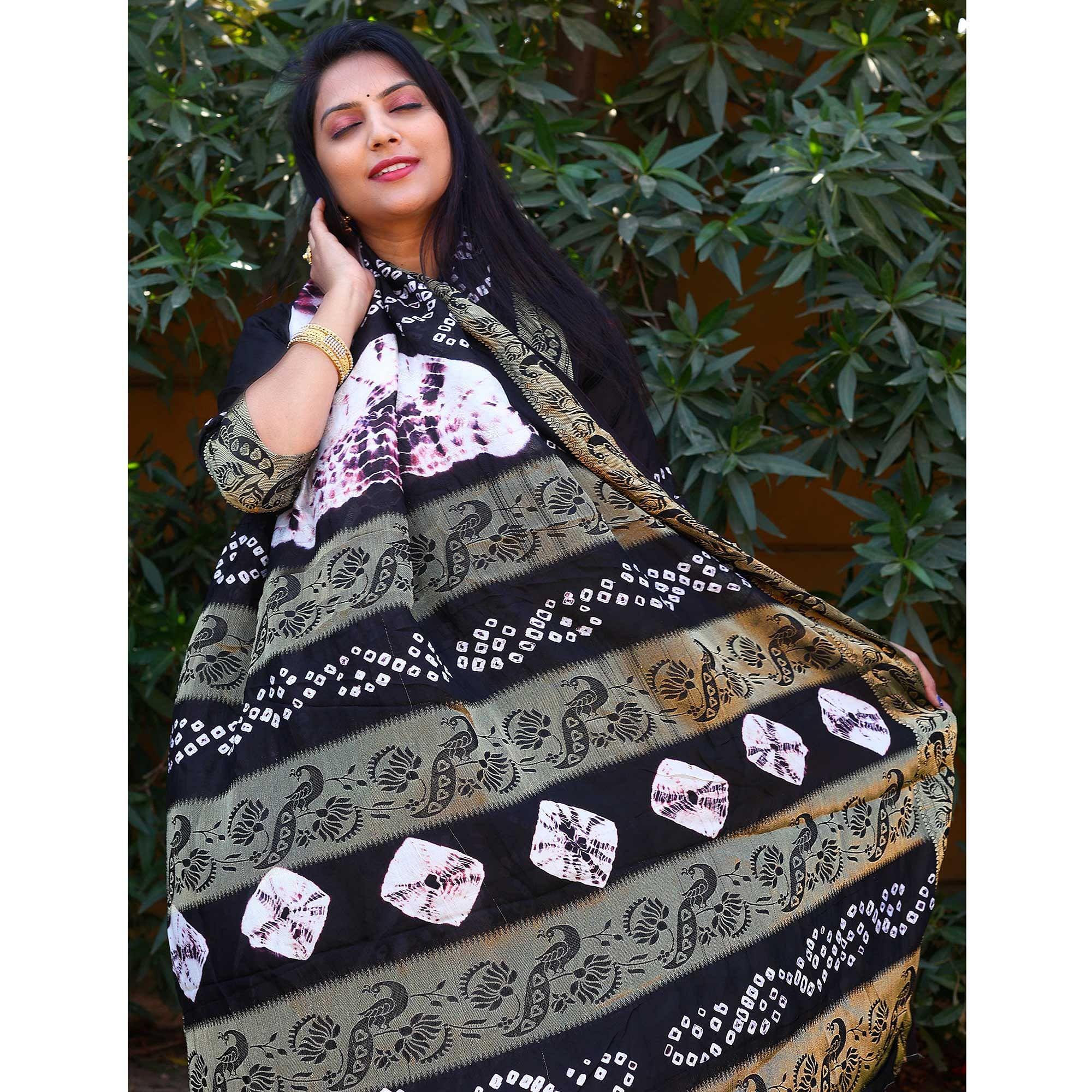 Navy Blue Festive Wear Bandhani Printed Art Silk Saree - Peachmode