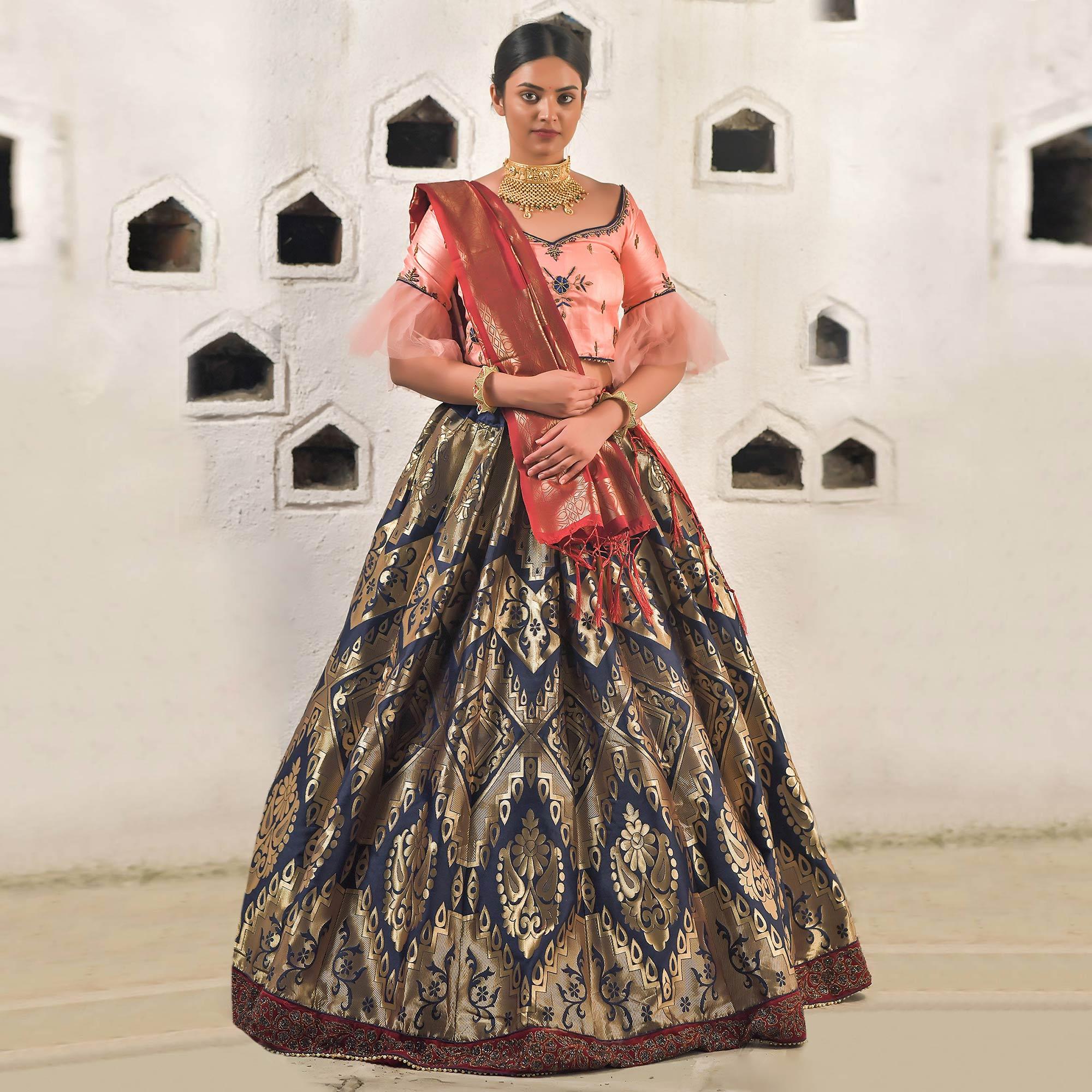 Navy Blue Festive Wear Cutdana With Resham & Zardosi Work Banarasi Art Silk Lehenga Choli - Peachmode