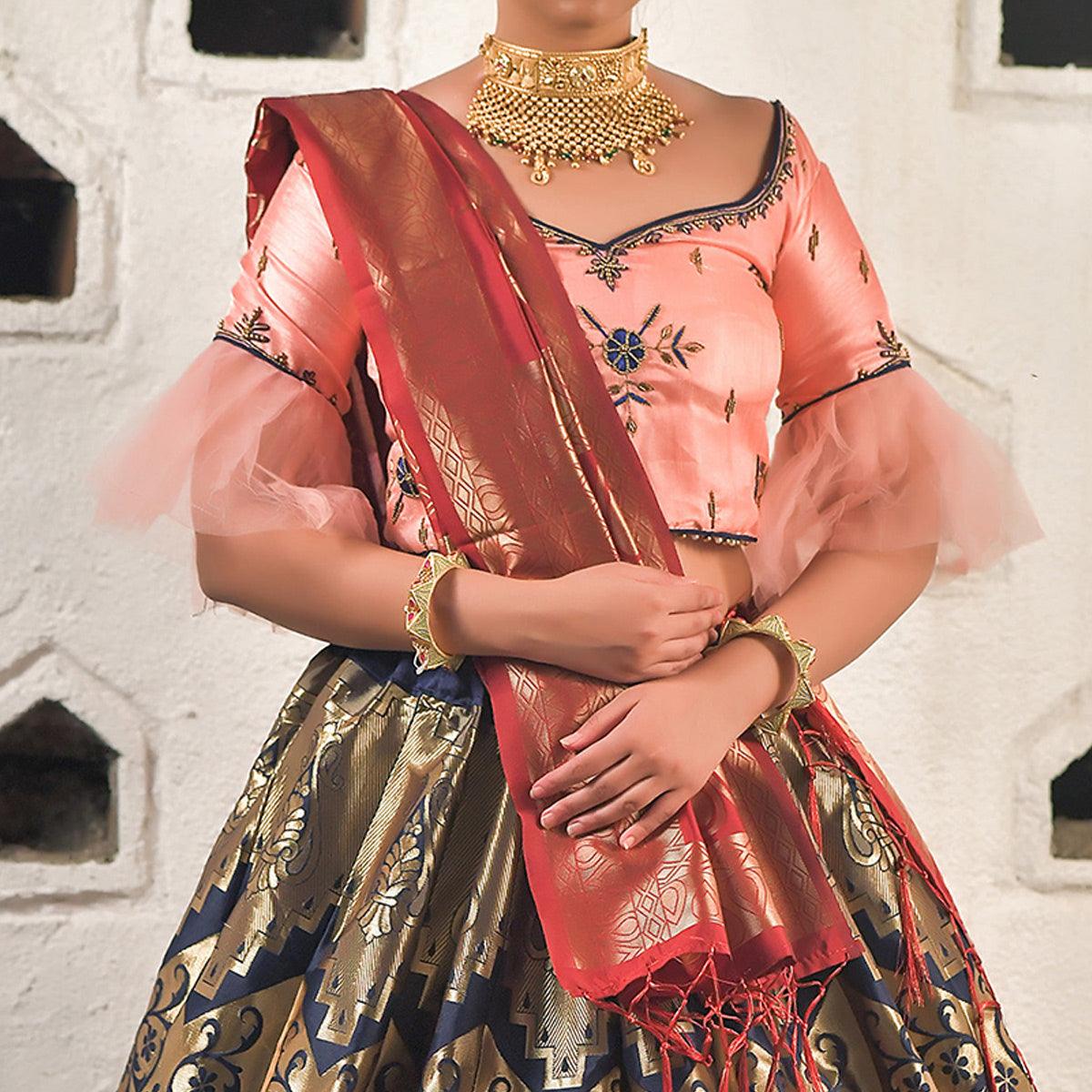 Navy Blue Festive Wear Cutdana With Resham & Zardosi Work Banarasi Art Silk Lehenga Choli - Peachmode