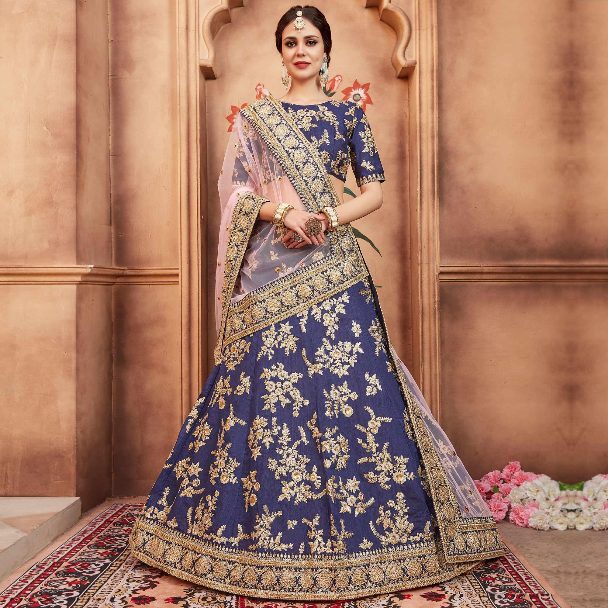 Navy Blue Festive Wear Dori Sequence Work Art Silk Lehenga Choli - Peachmode