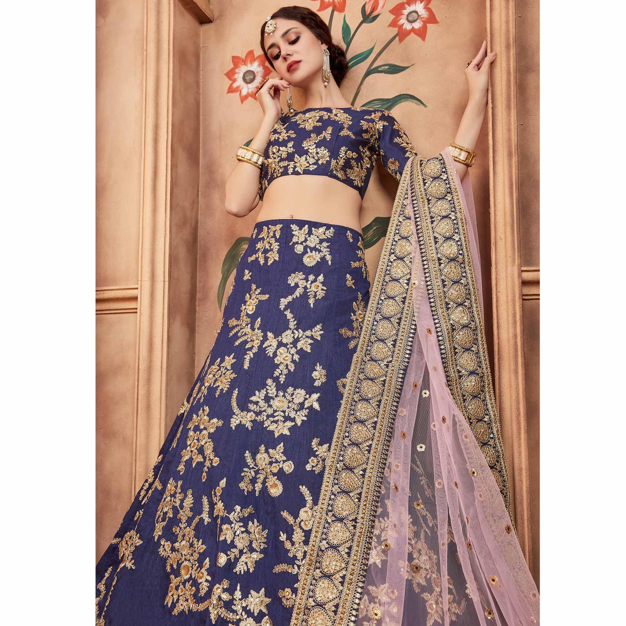 Navy Blue Festive Wear Dori Sequence Work Art Silk Lehenga Choli - Peachmode