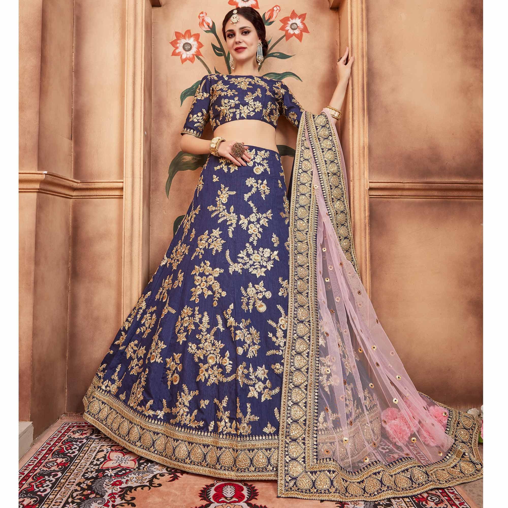 Navy Blue Festive Wear Dori Sequence Work Art Silk Lehenga Choli - Peachmode