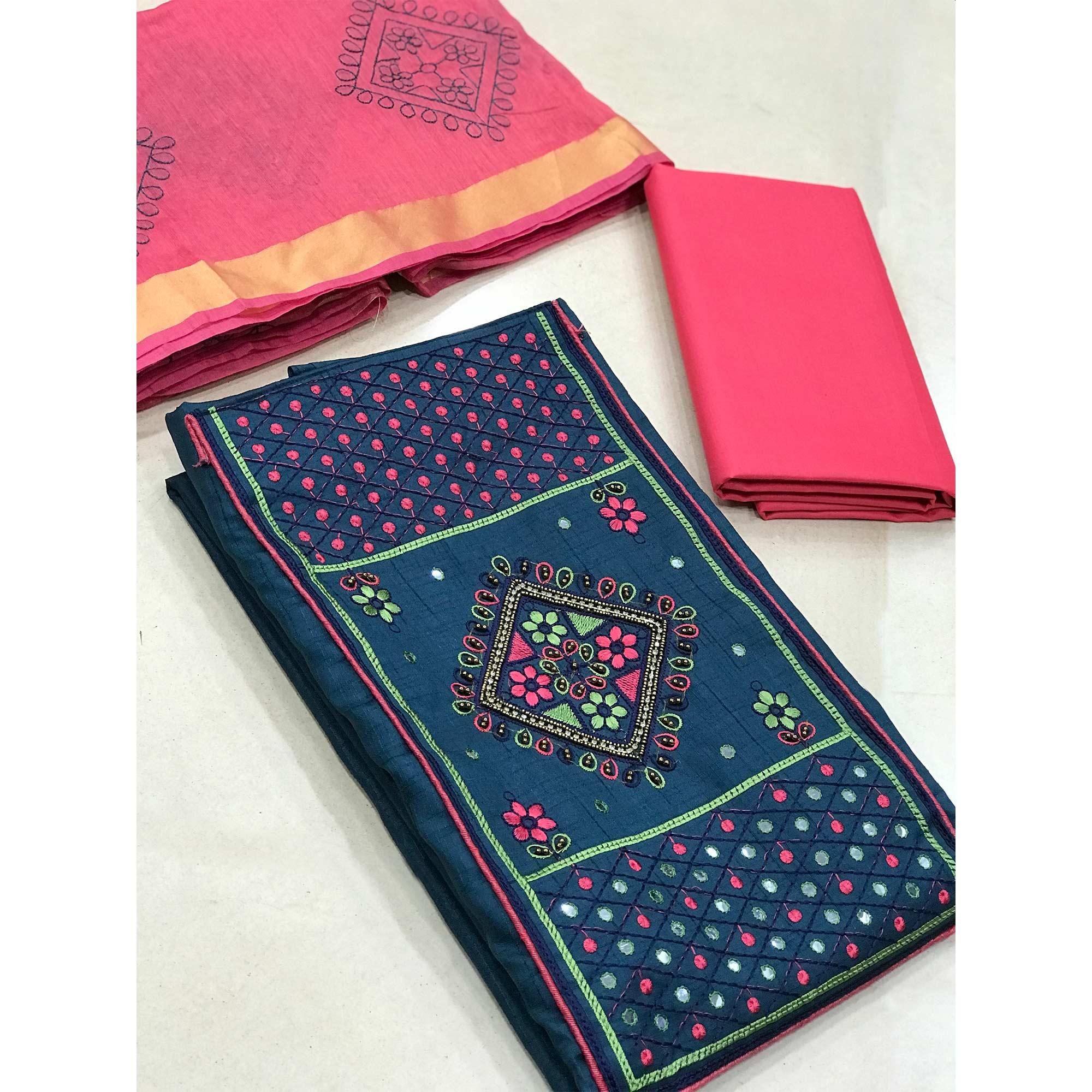 Navy Blue Festive Wear Embroidered & Embellished Cotton Dress Material - Peachmode