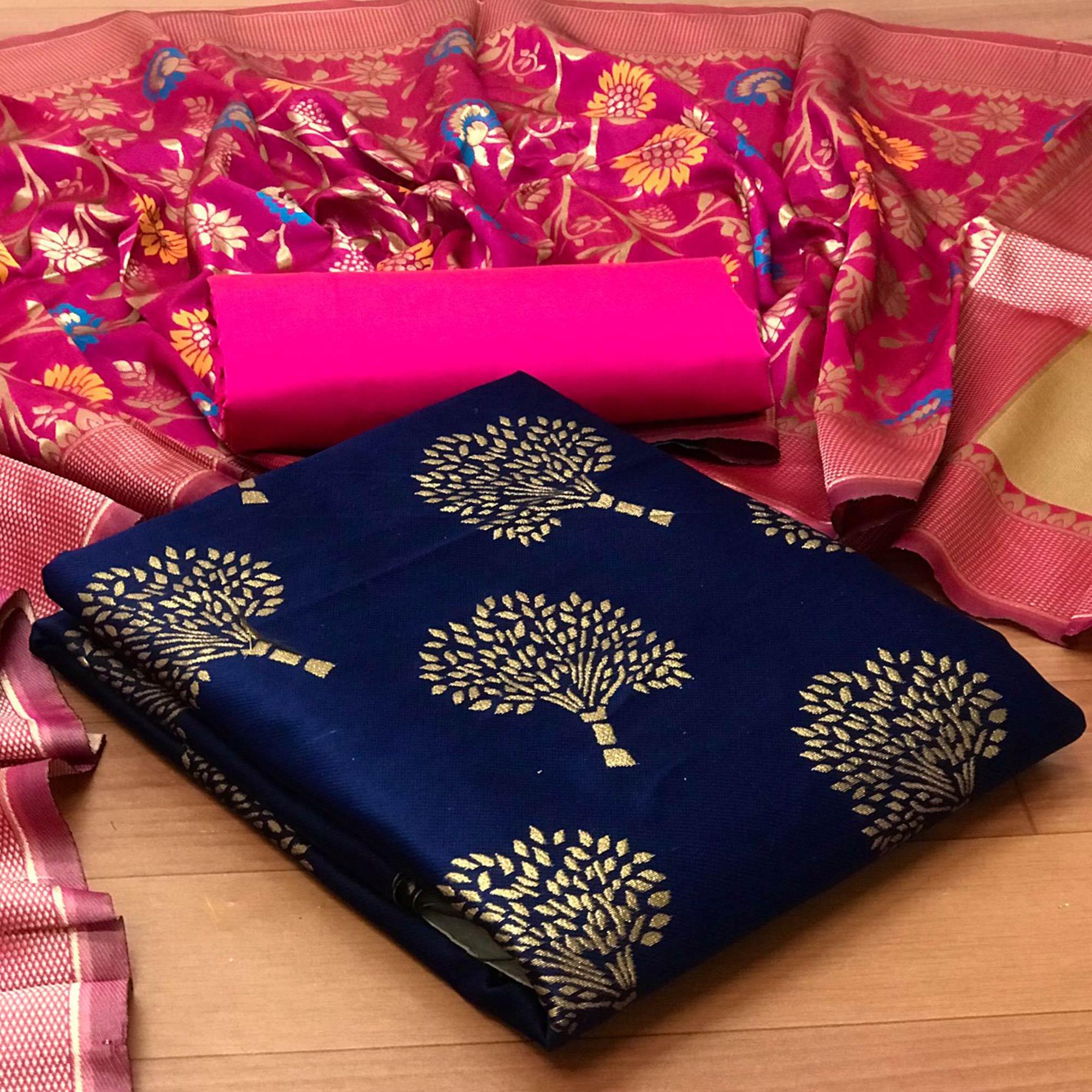 Navy Blue Festive Wear Embroidered Banarasi Silk Dress Material - Peachmode