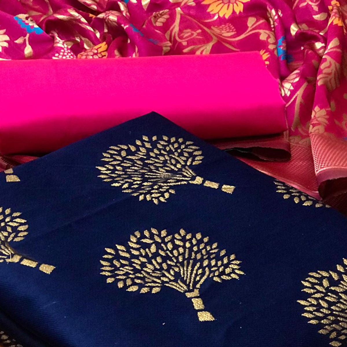 Navy Blue Festive Wear Embroidered Banarasi Silk Dress Material - Peachmode