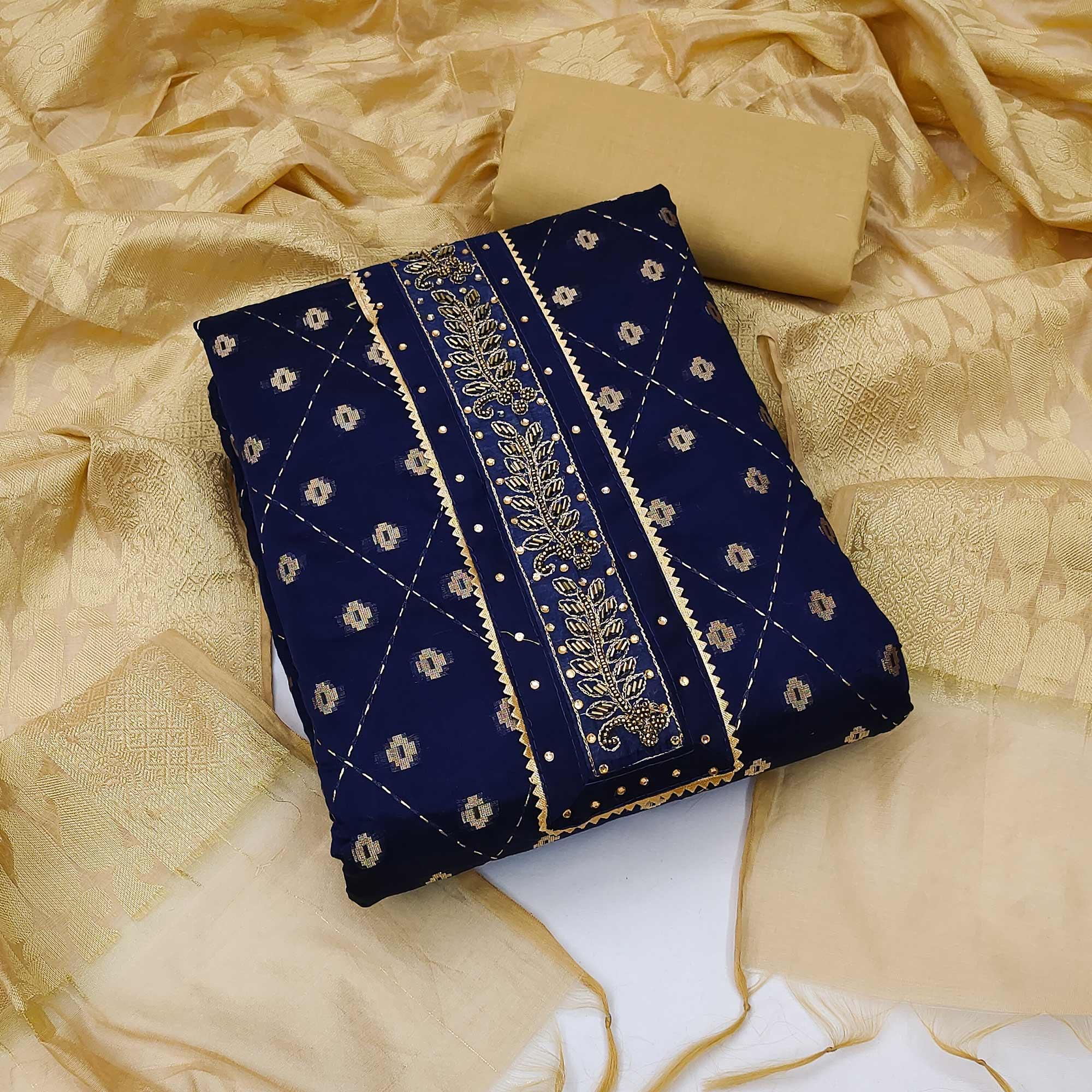 Navy Blue Festive Wear Embroidery With Embellished Chanderi Dress Material - Peachmode