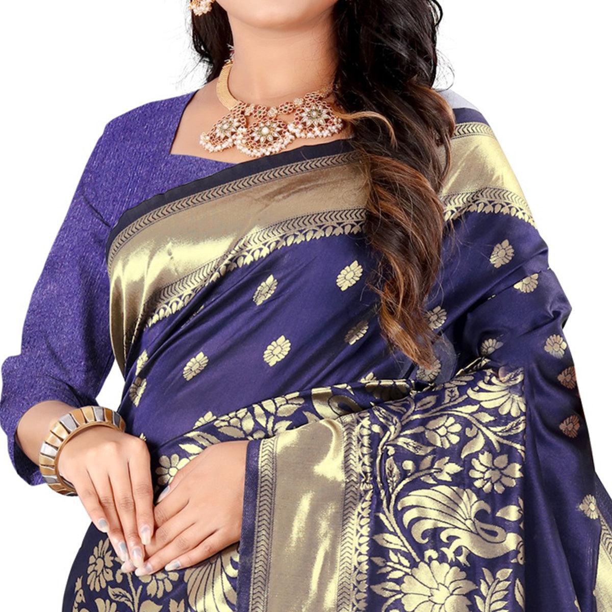 Navy Blue Festive Wear Floral Woven Banarasi Silk Saree - Peachmode