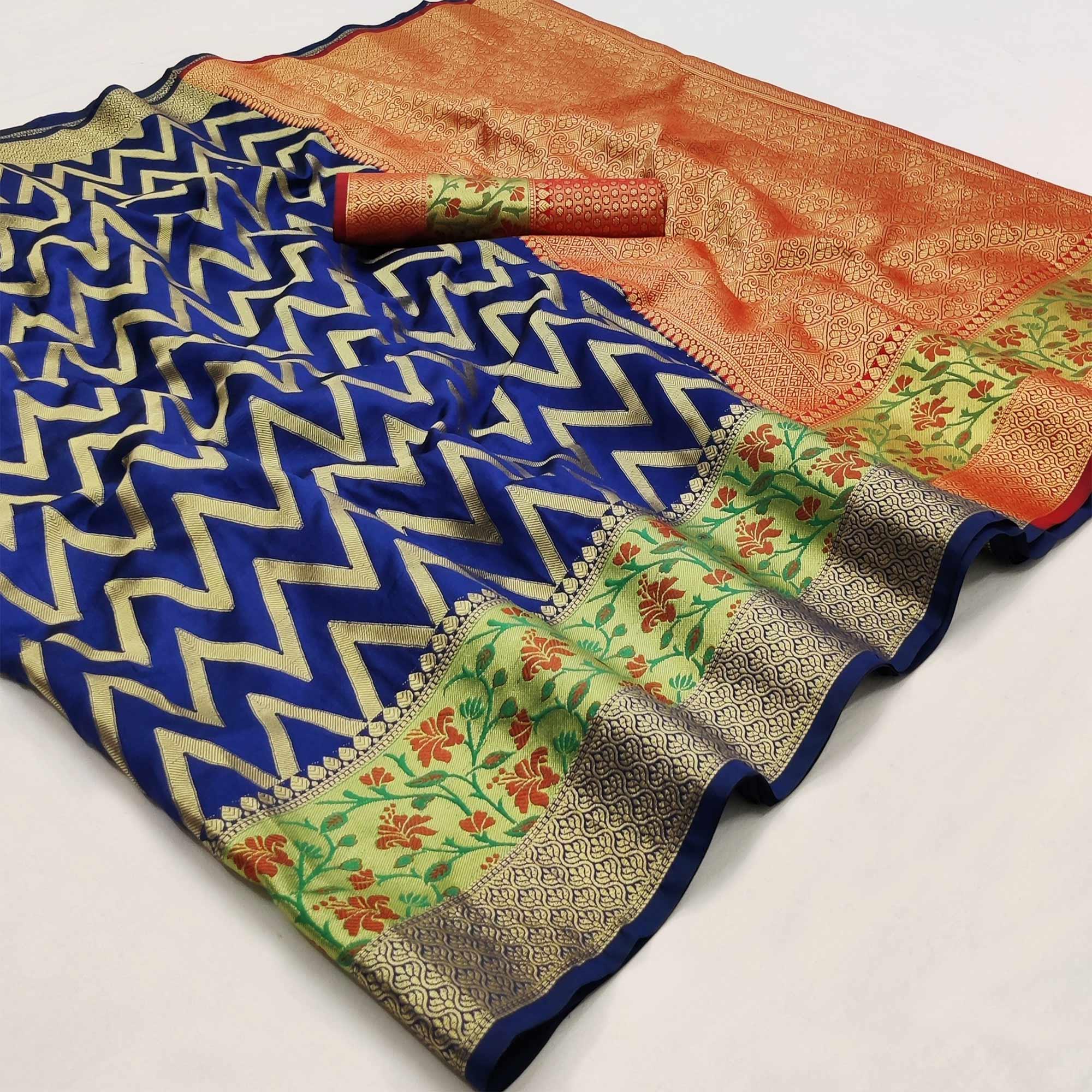 Navy Blue Festive Wear Floral Woven Silk Saree - Peachmode