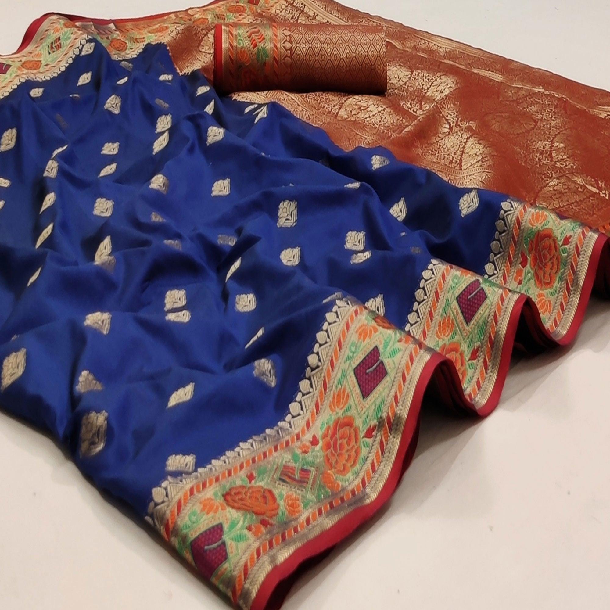 Navy Blue Festive Wear Floral Woven Soft Silk Saree With Jacquard Border - Peachmode