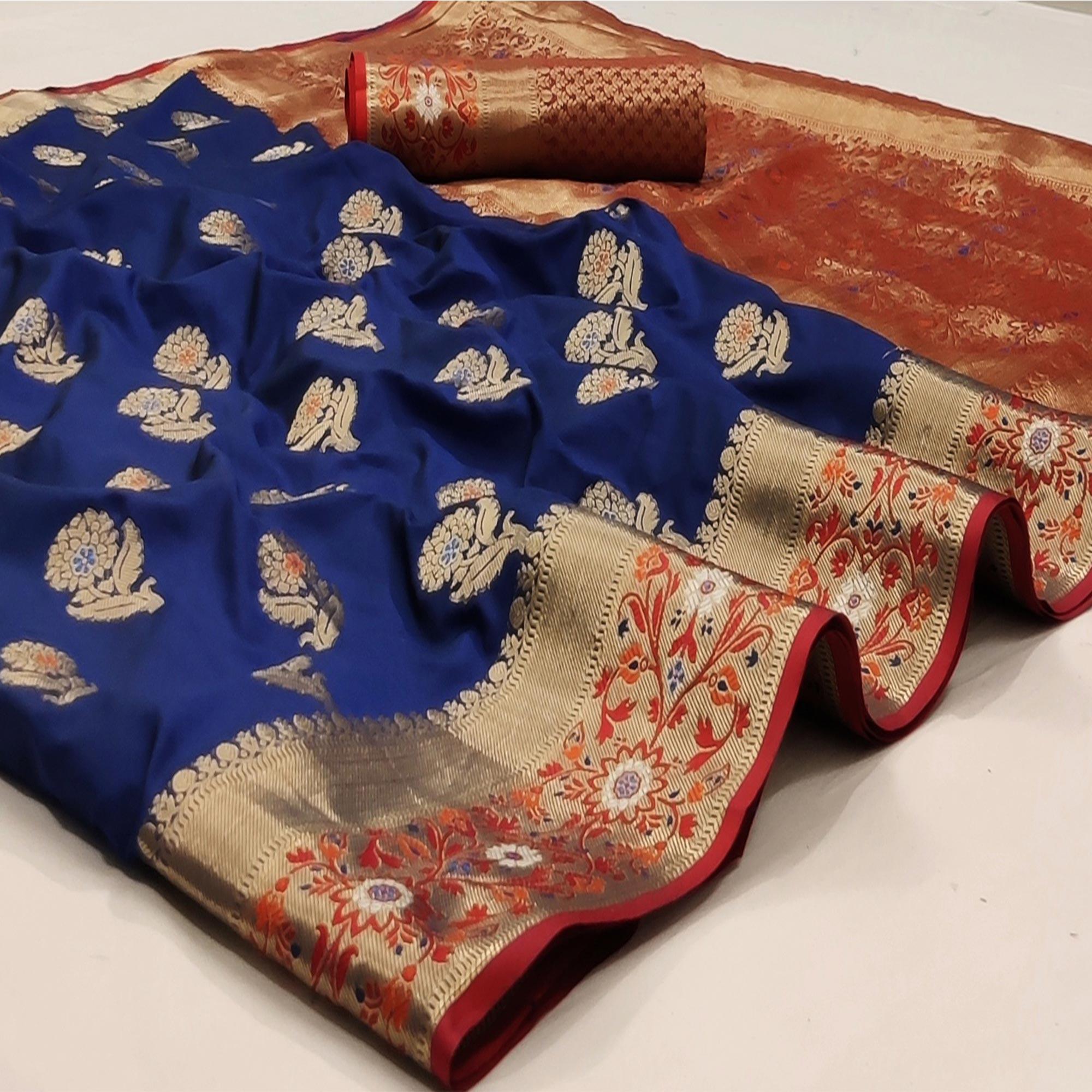 Navy Blue Festive Wear Floral Woven Soft Silk Saree With Jacquard Border - Peachmode